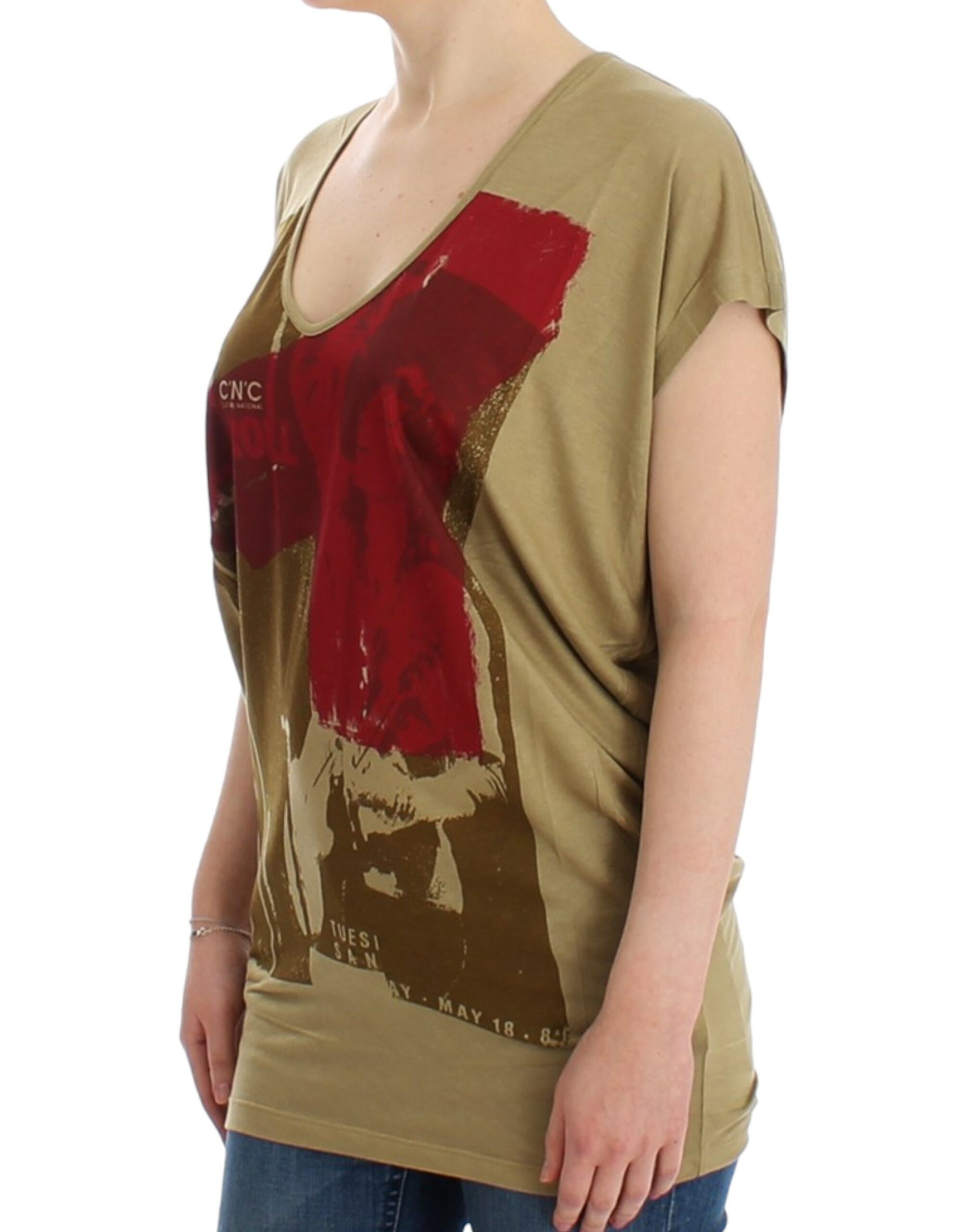 Chic Green Multicolor Print V-Neck Tee hover