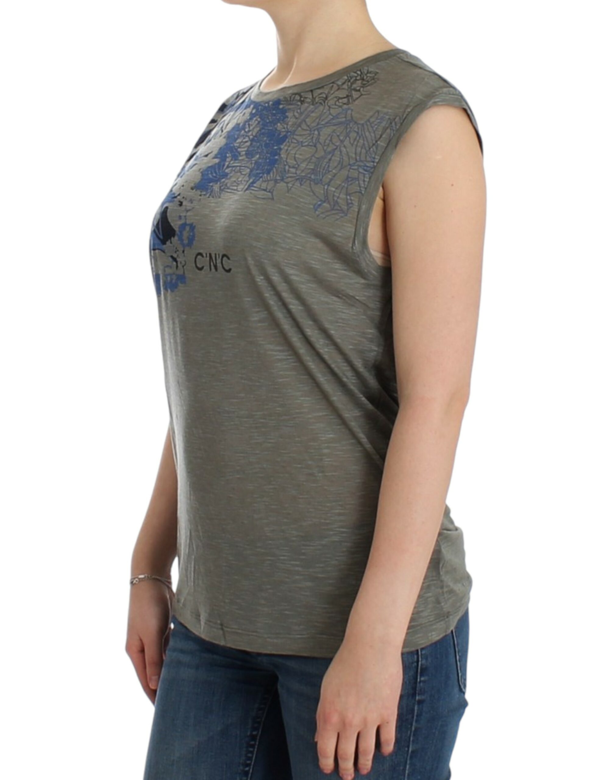 Chic Sleeveless Gray Top with Blue Detailing hover