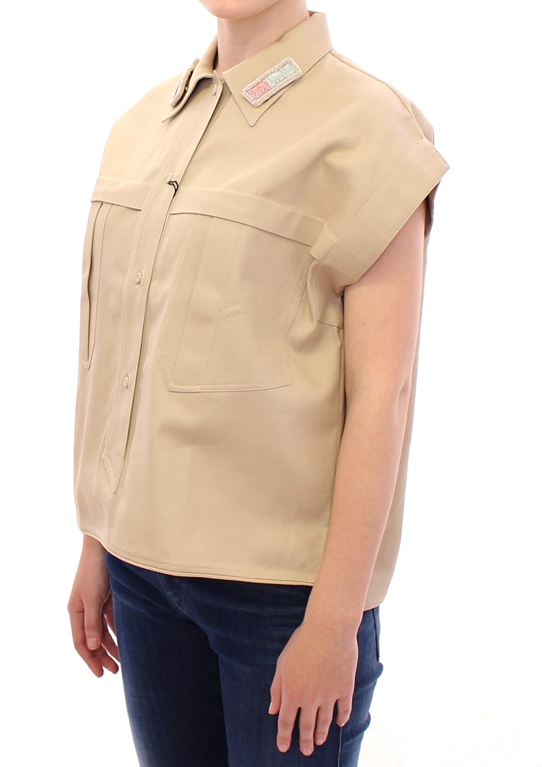 Sleeveless Beige Cotton Tank Top with Brooches hover