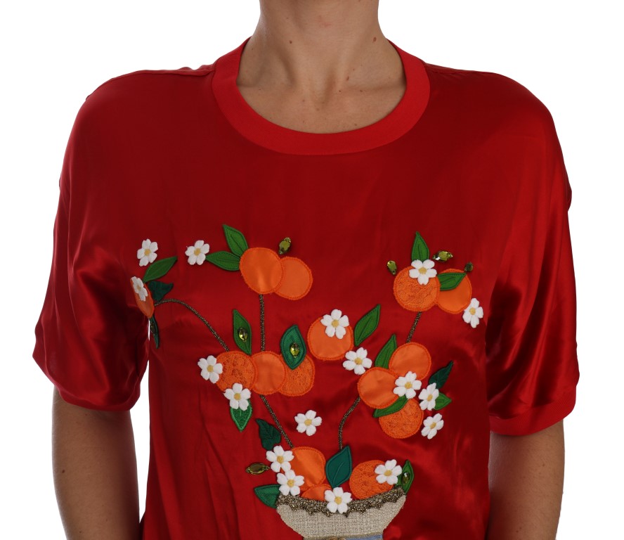 Red Silk Floral Embroidered Elegance Top