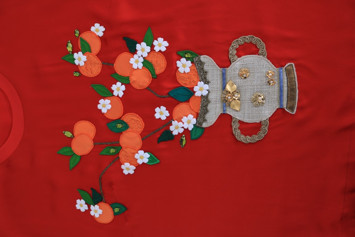 Elegant Red Silk Crystal-Embellished Blouse