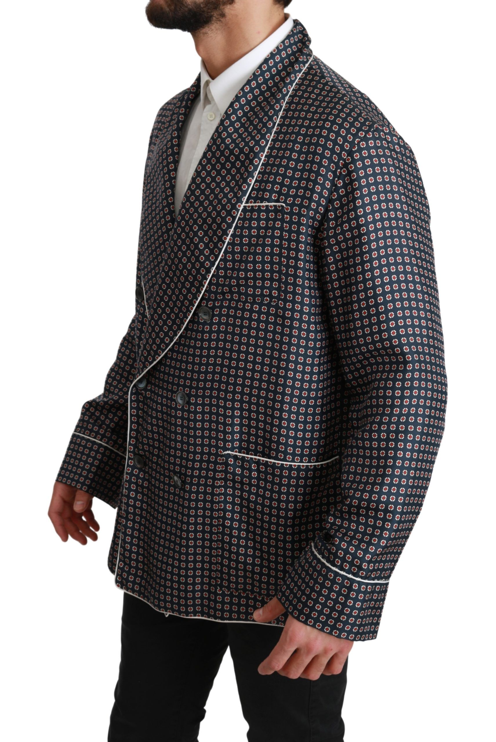 Elegant Navy Silk Double Breasted Coat hover