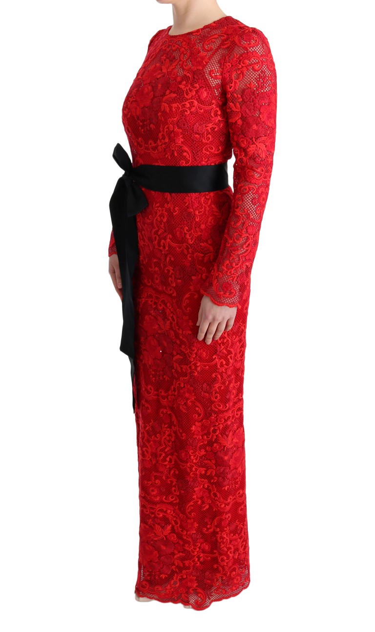 Elegant Red Sheath Dress with Silk Bow Belt hover