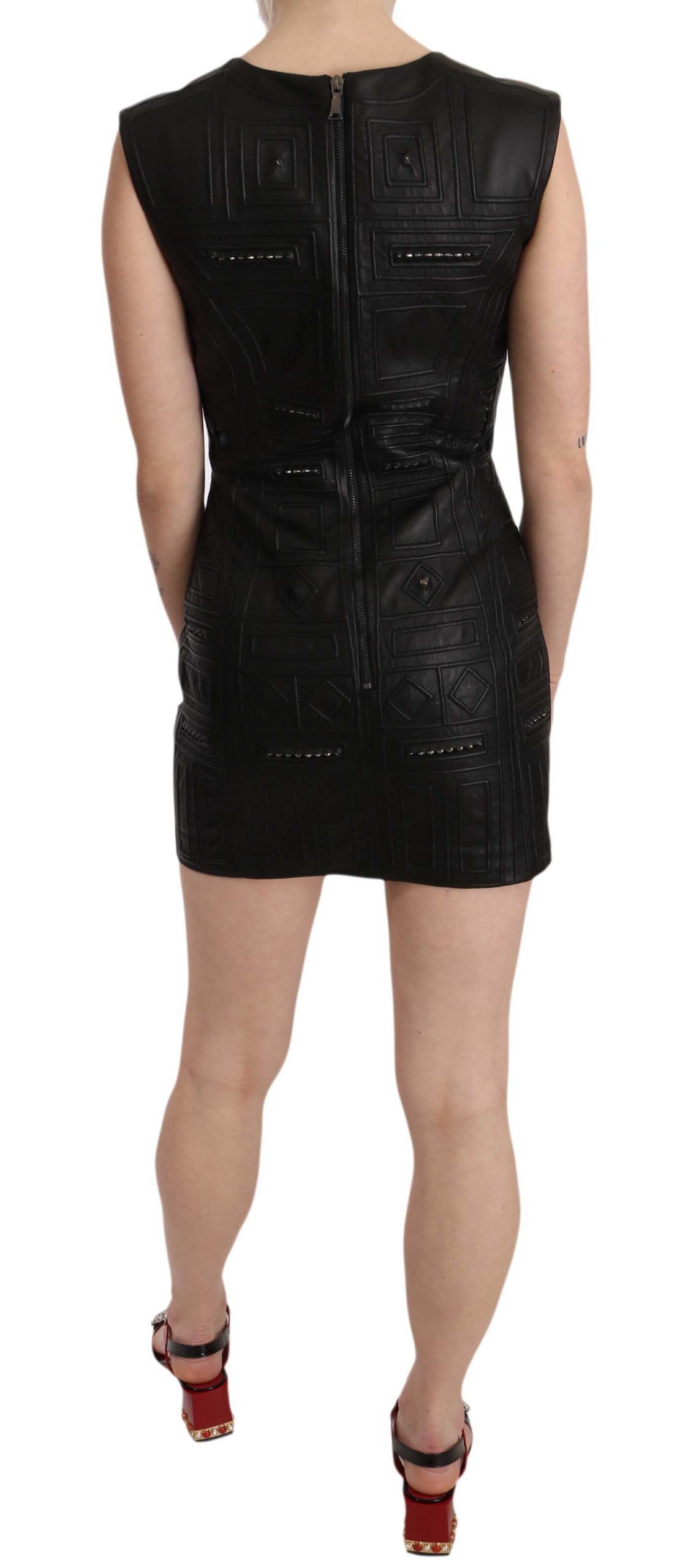 Studded Black Leather Mini Sheath Dress hover