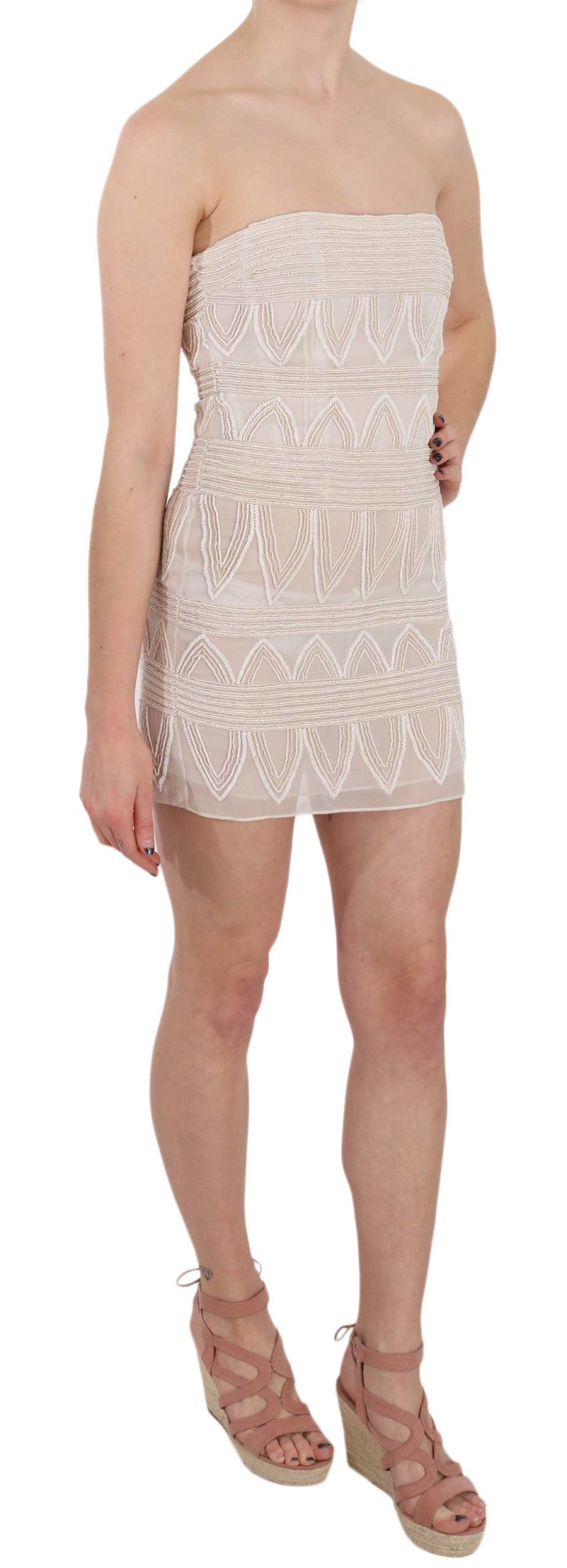 Chic Beige Embellished Silk Mini Dress hover