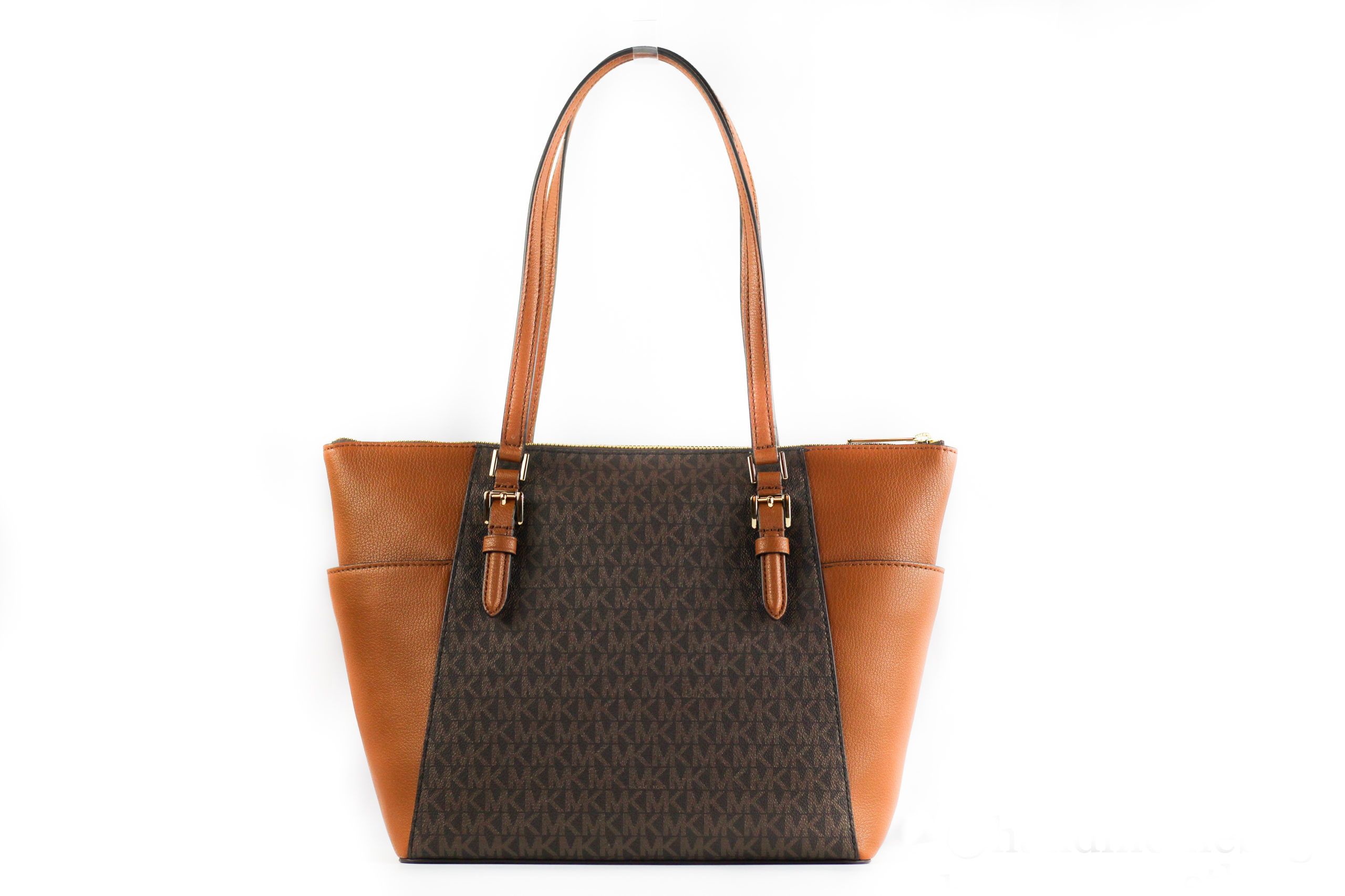 Charlotte Signature Leather Large Top Zip Tote Handbag Bag (Brown) hover