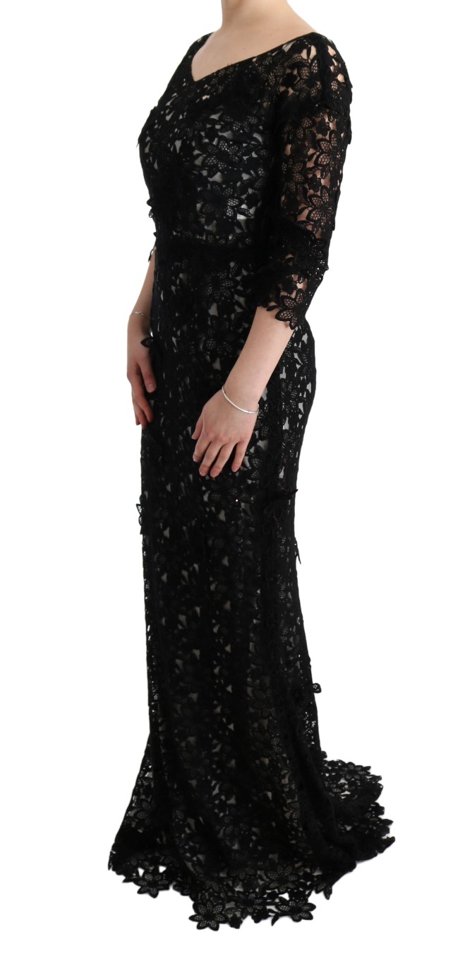 Elegant Black Maxi Shift Dress with Floral Applique hover
