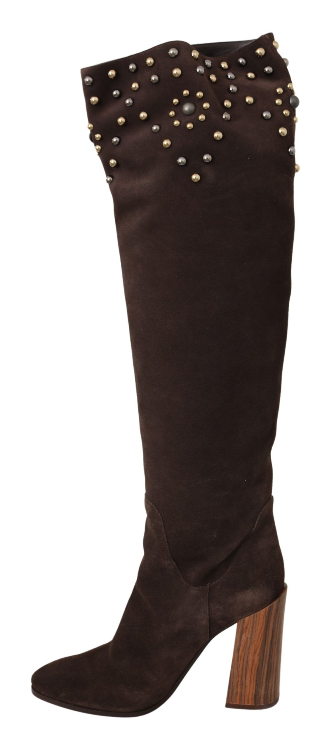 Studded Suede Knee High Boots in Brown hover