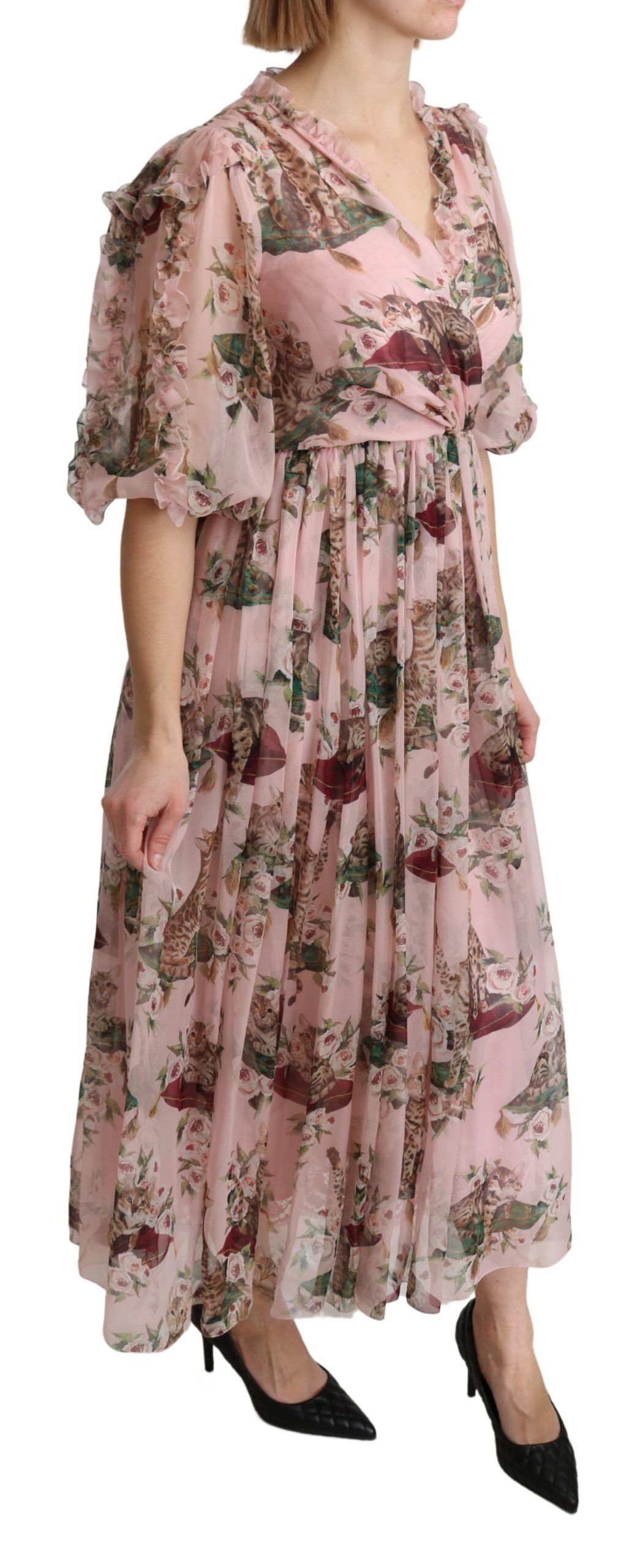 Elegant Pink Bengal Cat Print A-Line Maxi Dress hover
