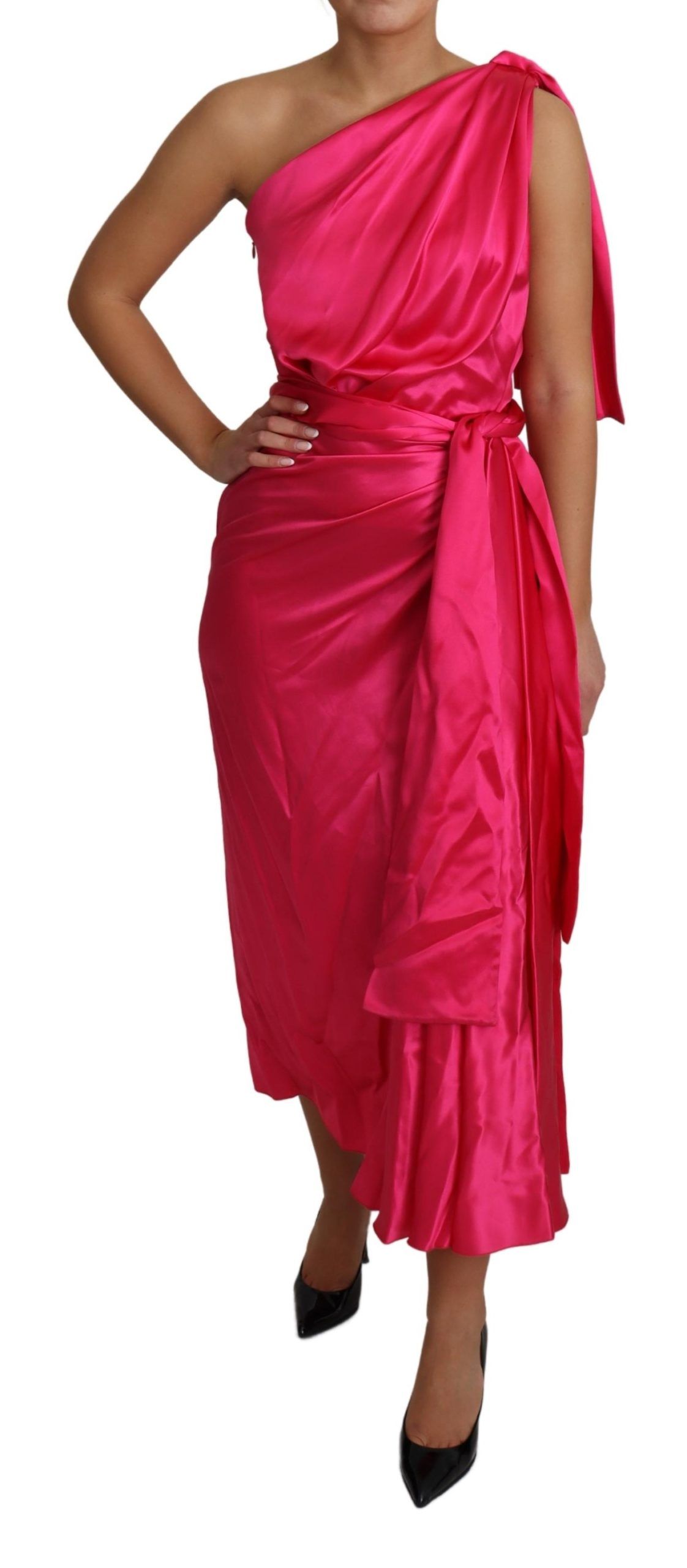 Elegant Fuchsia Silk One-Shoulder Wrap Dress hover