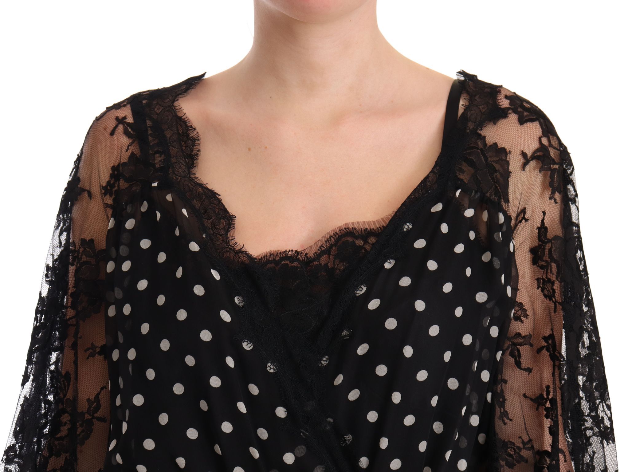 Elegant Lace Floral Maxi Dress with Polka Dots hover