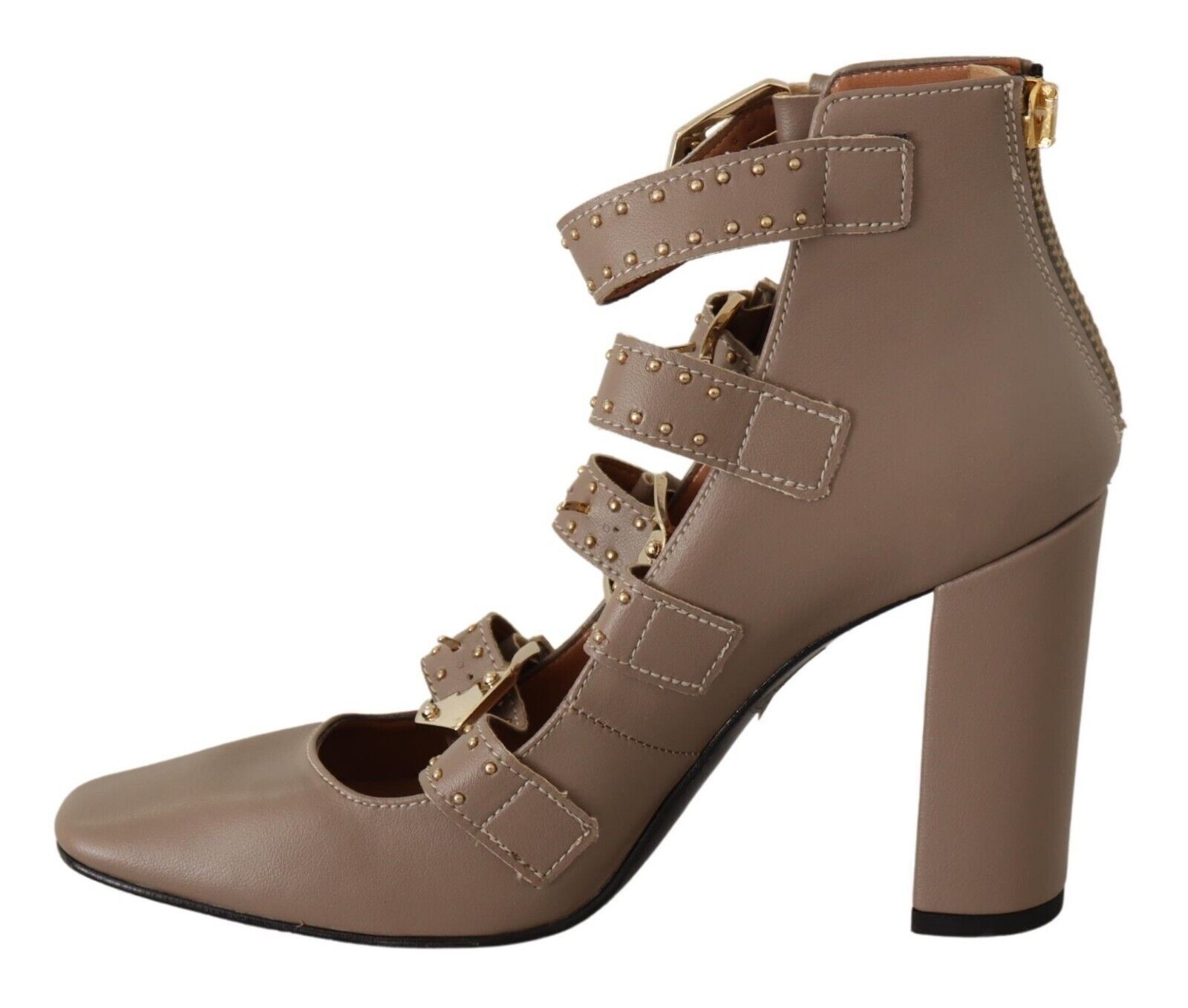 Elegant Leather Multi-Buckle Heels in Brown hover
