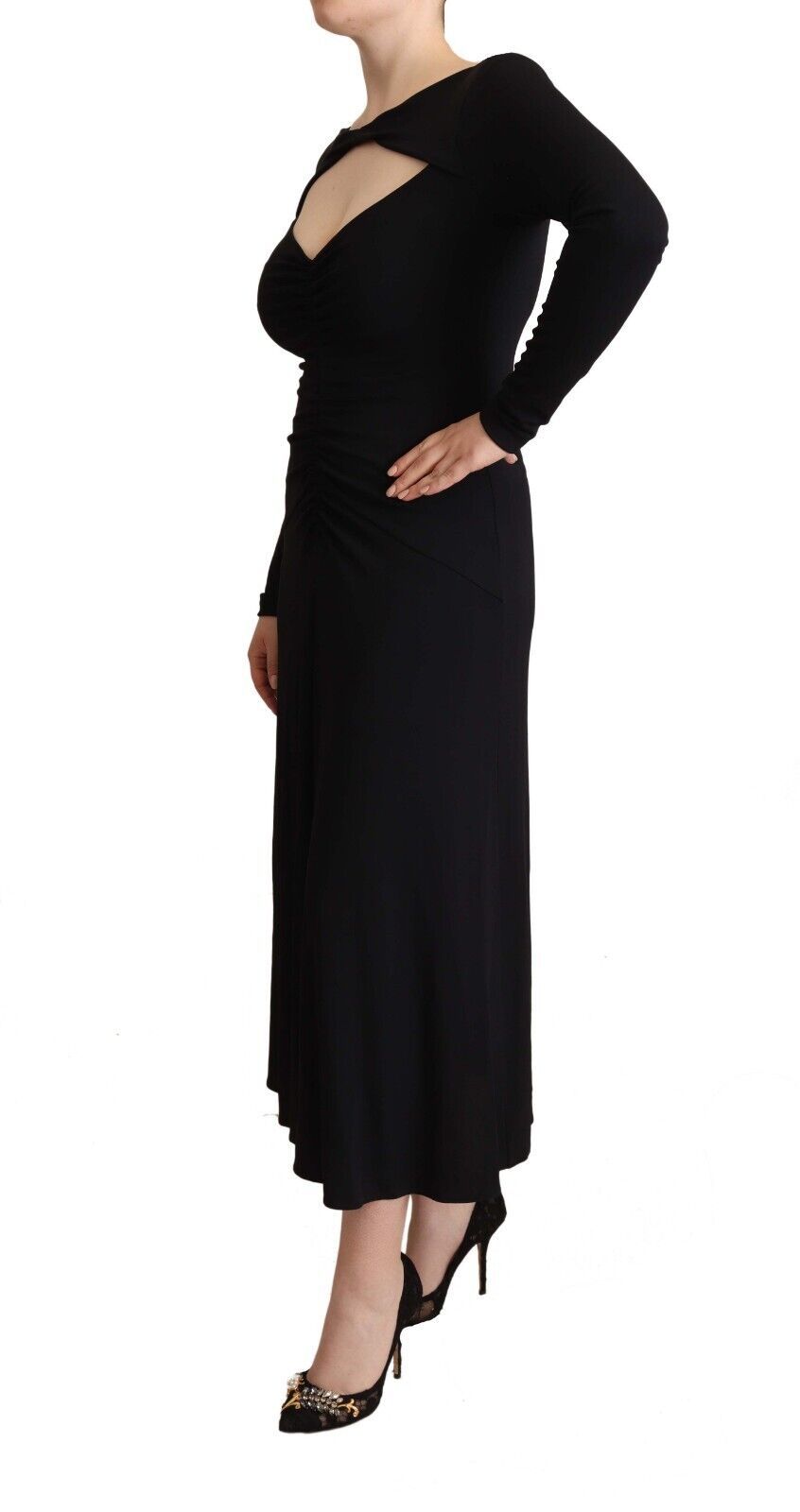 Elegant Black Nylon Stretch Maxi Dress hover