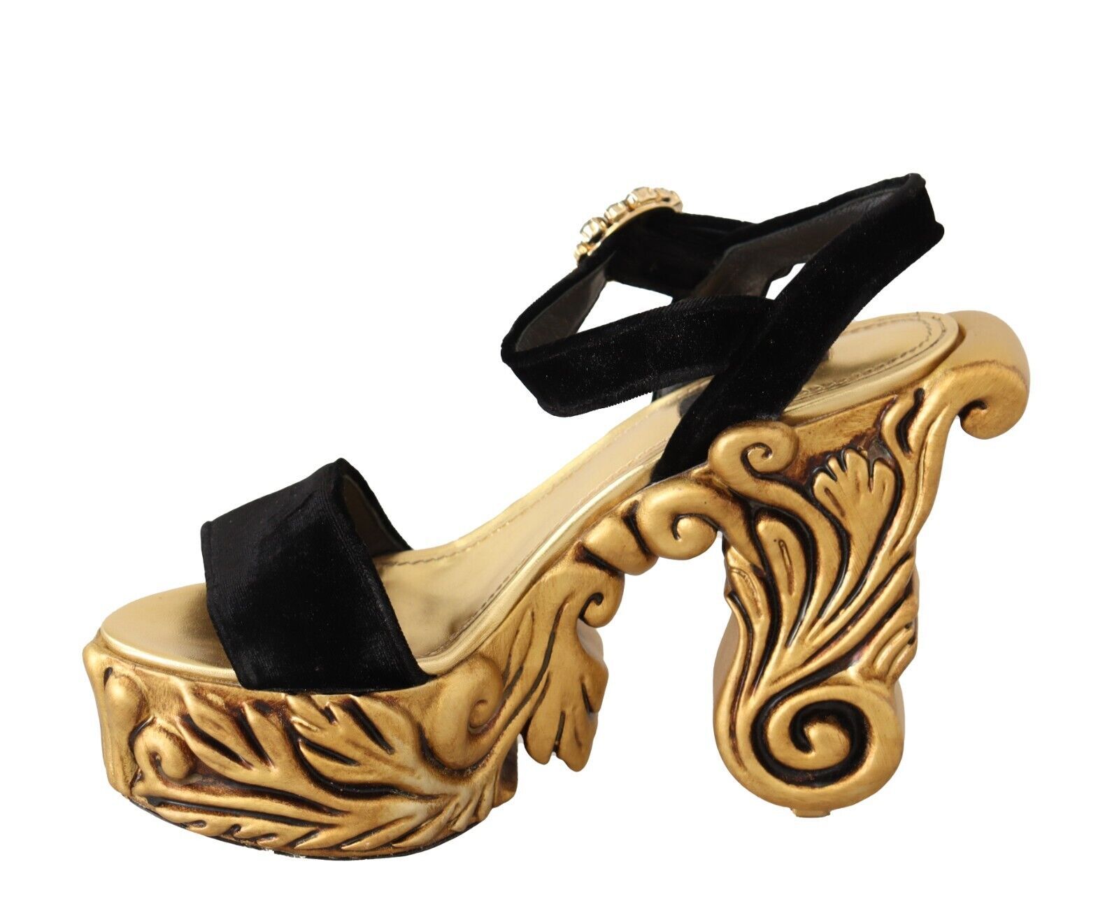 Baroque Velvet Heels in Black and Gold hover