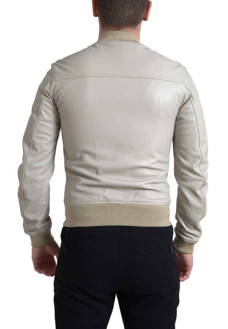 Cream Leather Bomber Jacket hover