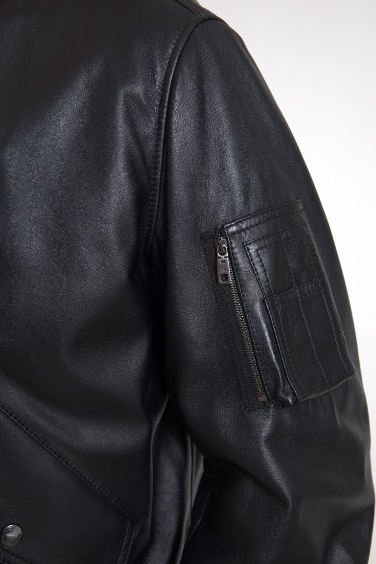Elegant Black Leather Bomber Jacket hover