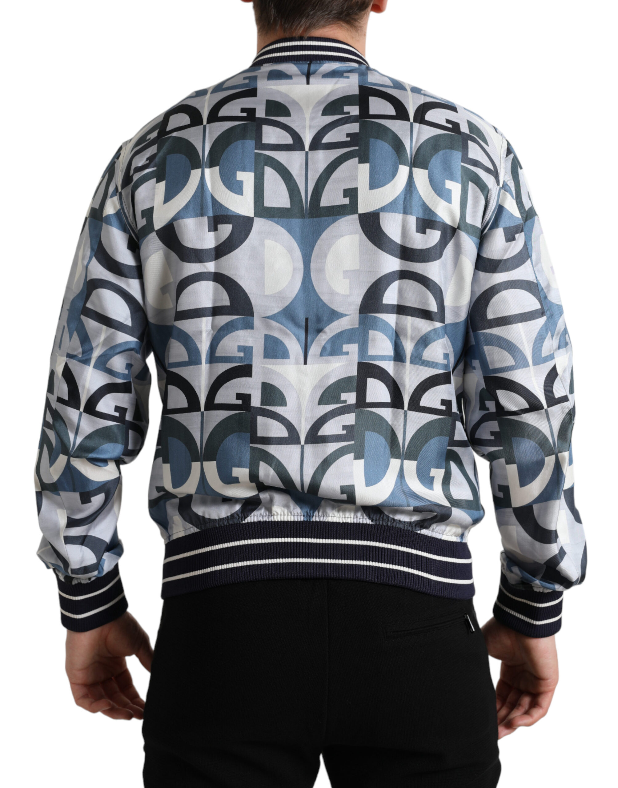 Multicolor Silk Bomber Jacket - Classic Elegance hover
