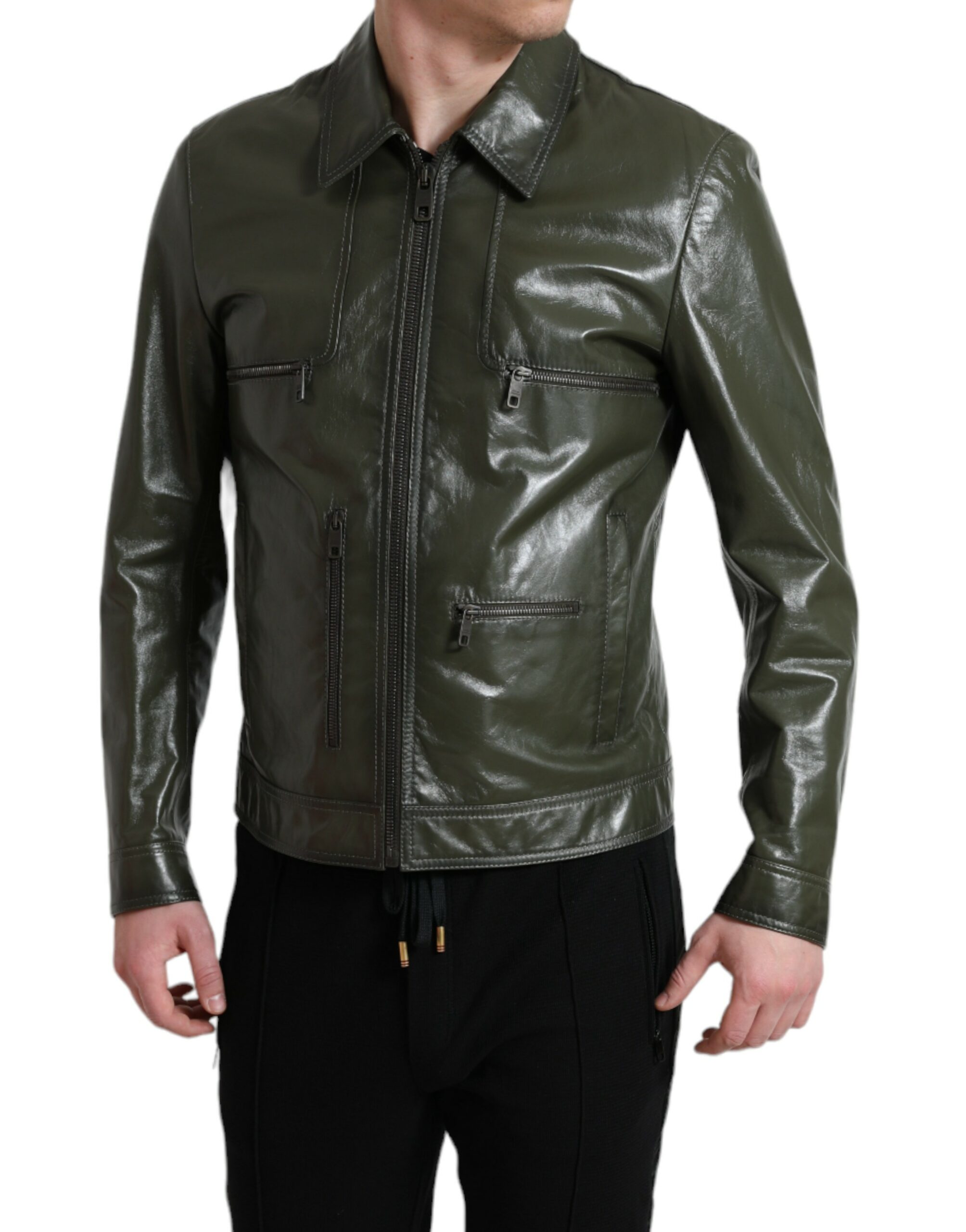 Emerald Elegance Leather Biker Jacket hover