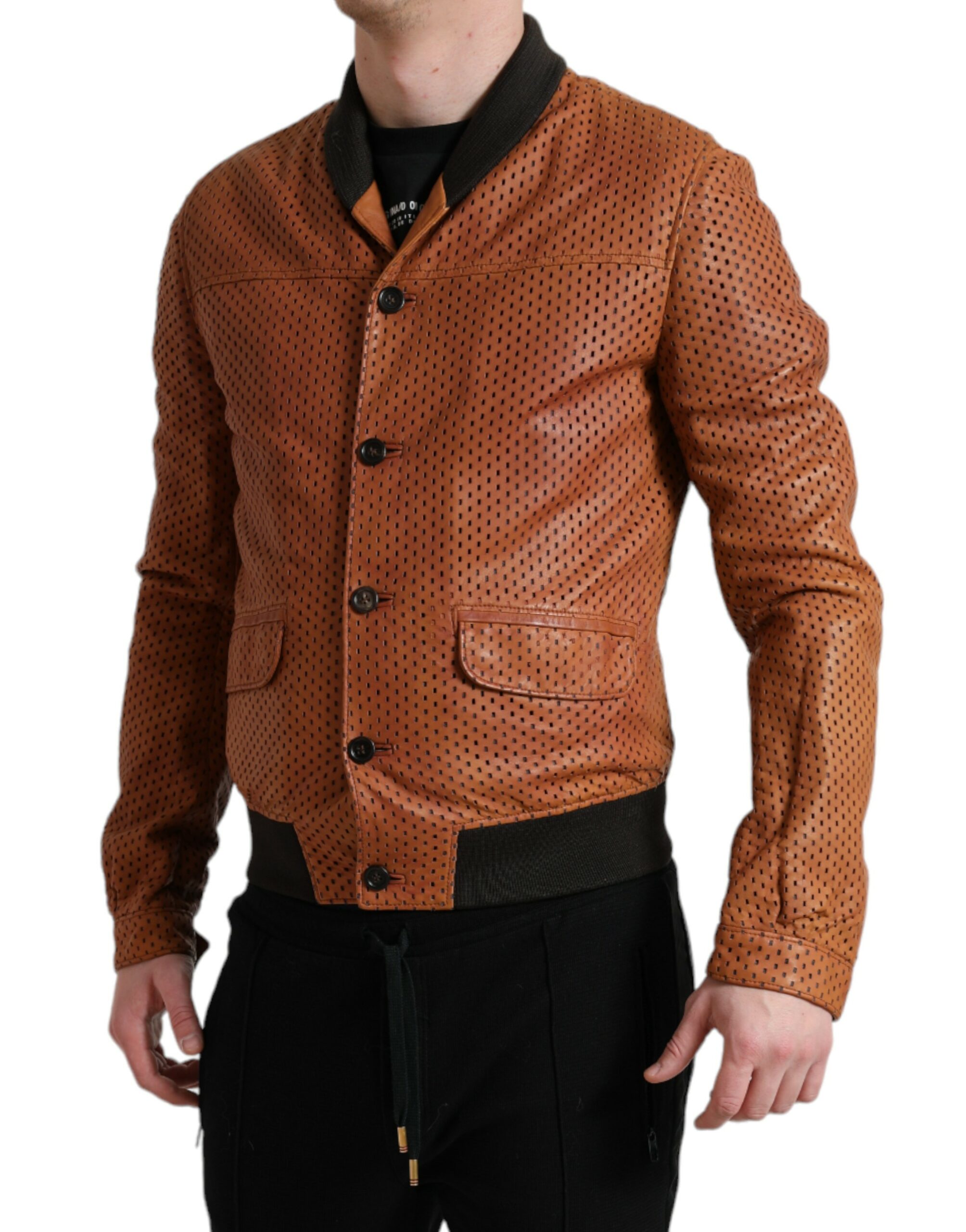Elegant Leather Perforated Bomber Jacket hover