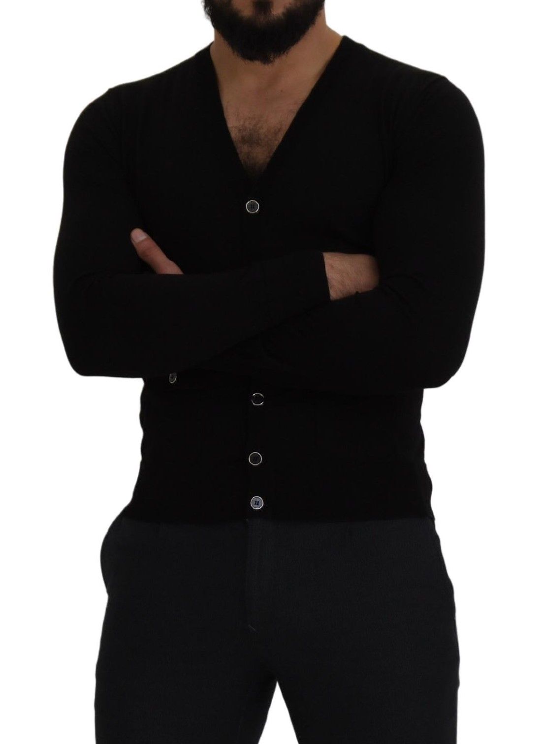 Elegant Wool Buttoned Black Cardigan hover