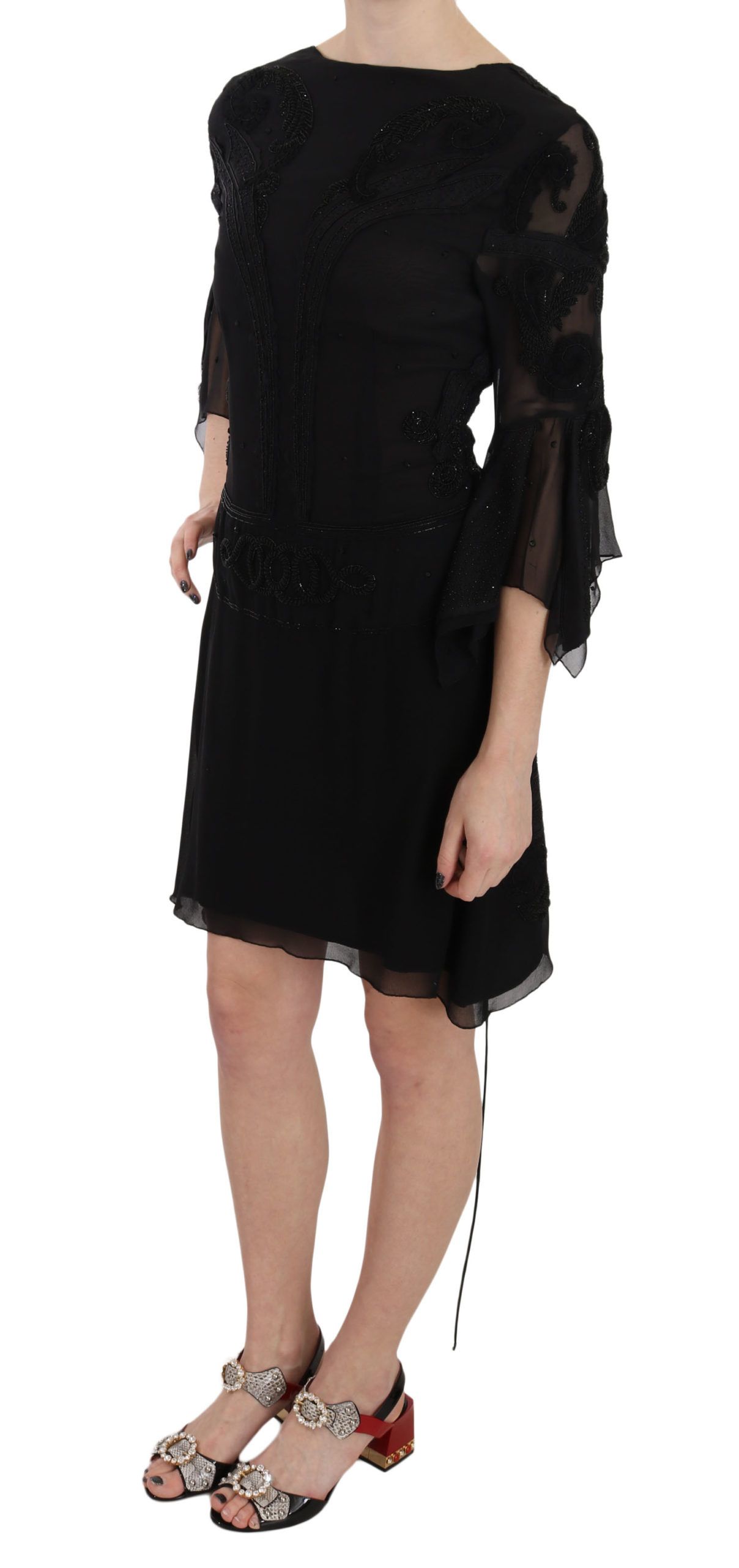 Elegant Black Sequined Silk Mini Dress hover