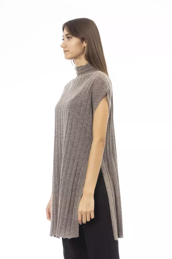 Brown Wool Women Sweater with Side Slits hover