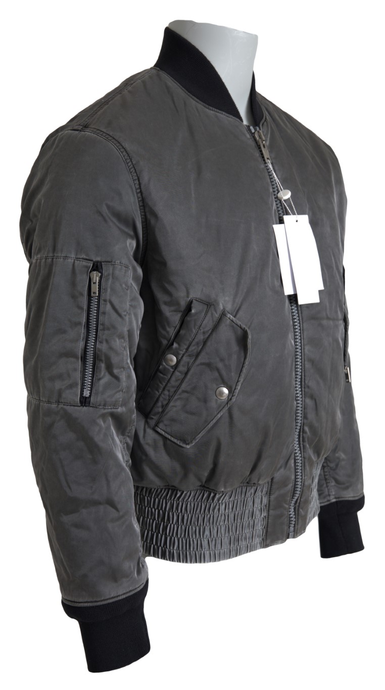 Elegant Gray Bomber Jacket Full Zip Closure hover