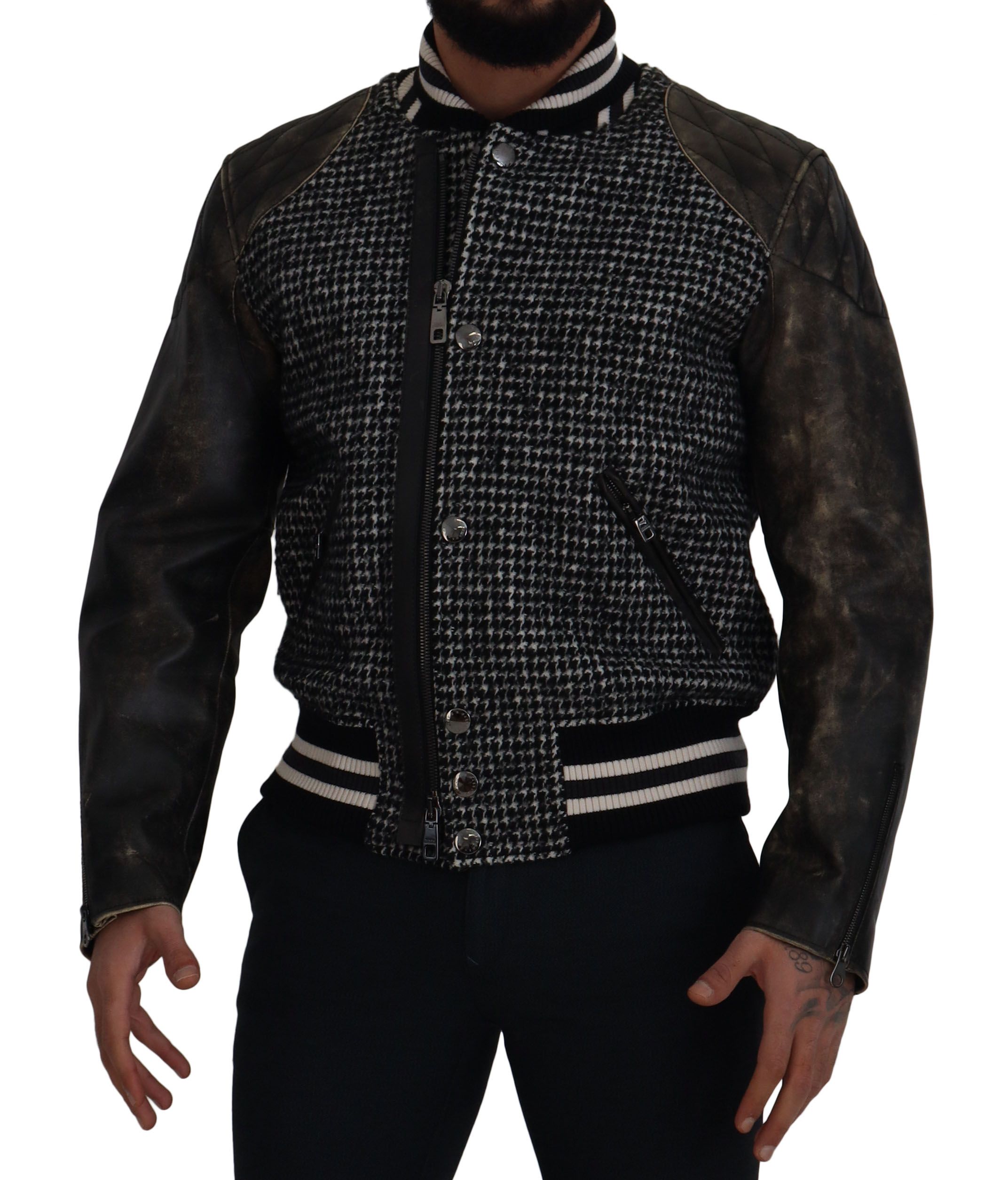 Multicolor Houndstooth Leather Bomber Jacket hover
