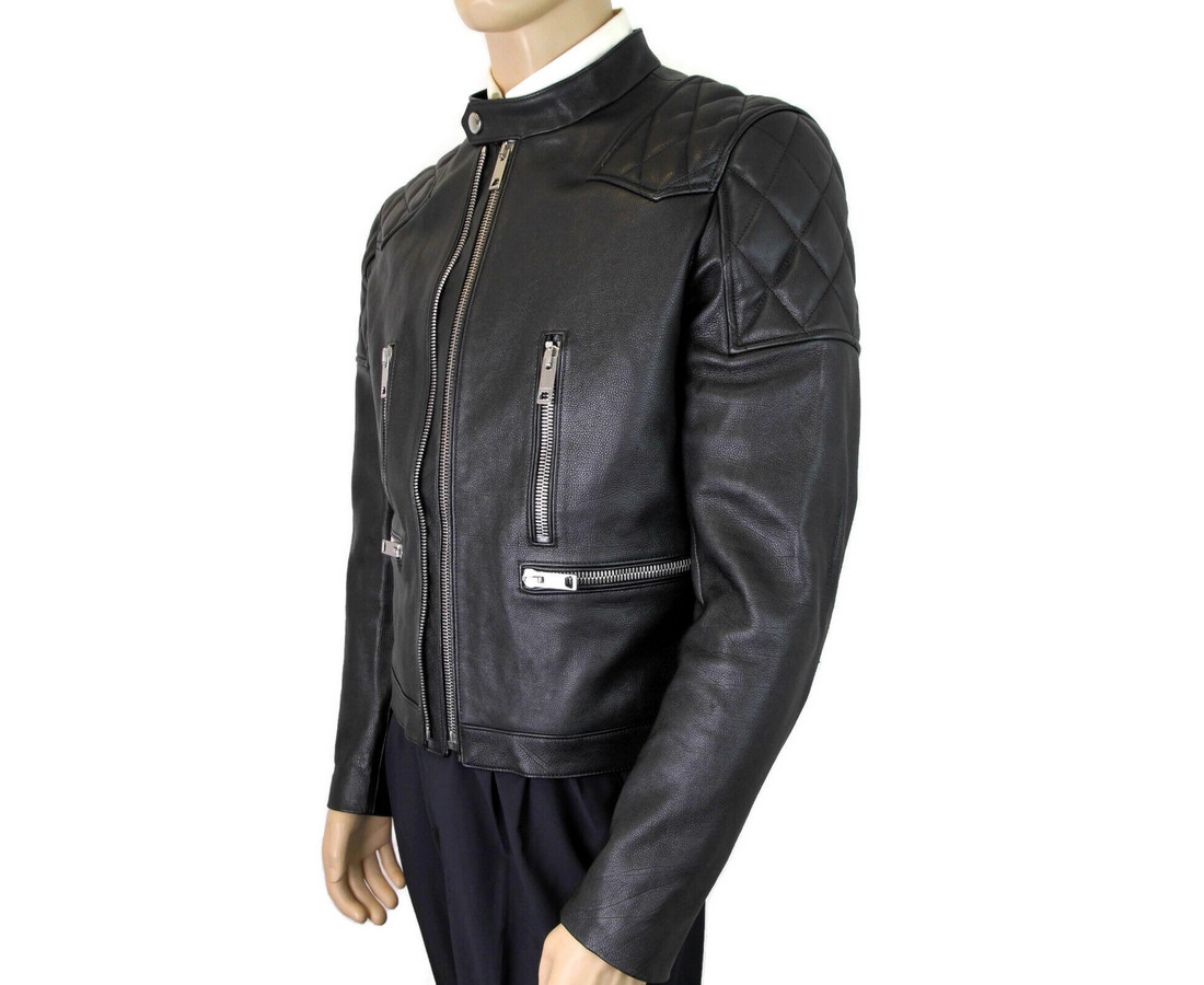 Burberry Men's Black Leather Diamond Quilted Biker Jacket hover