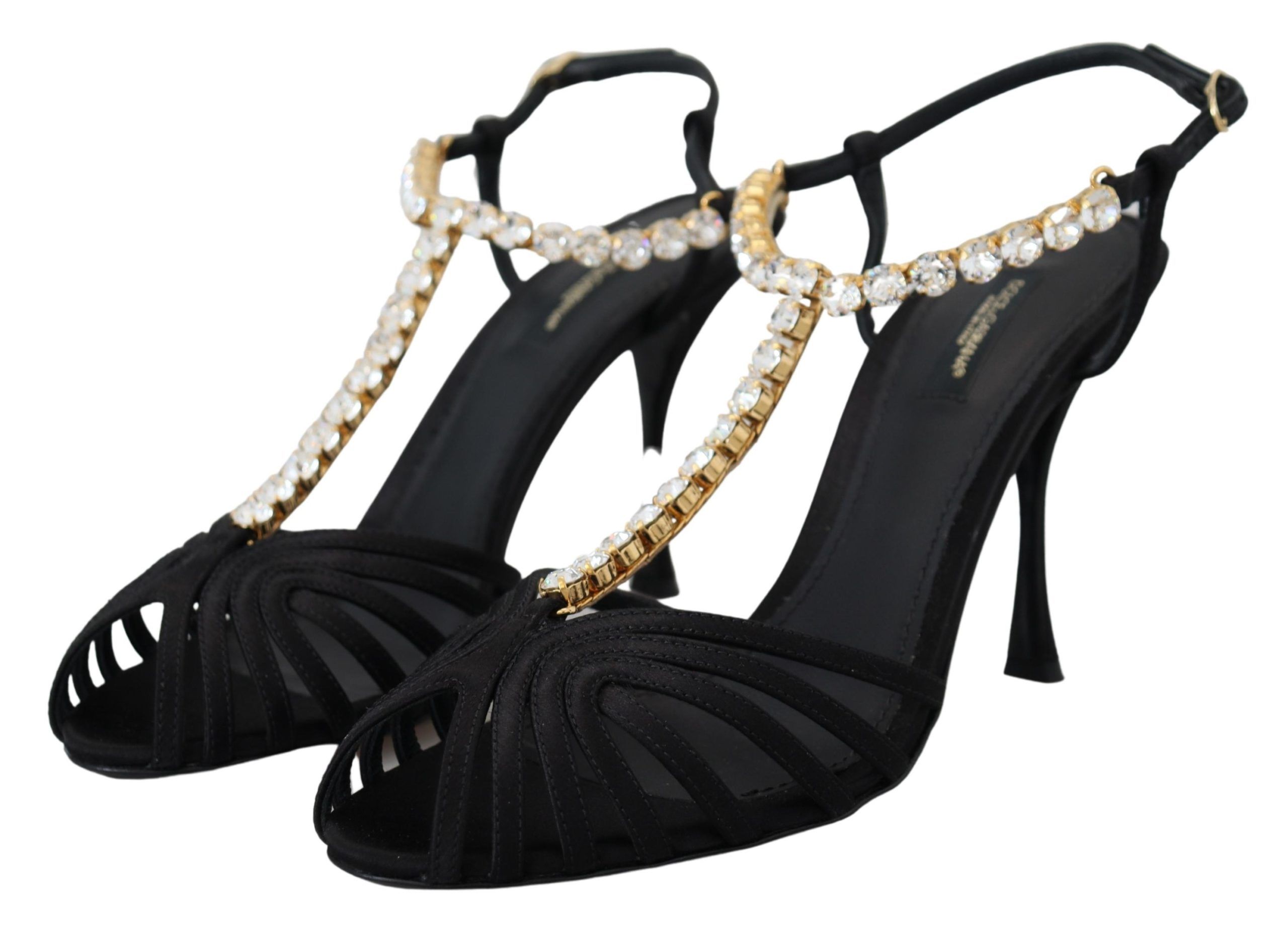 Elegant Silk Blend Crystal T-Strap Heels hover