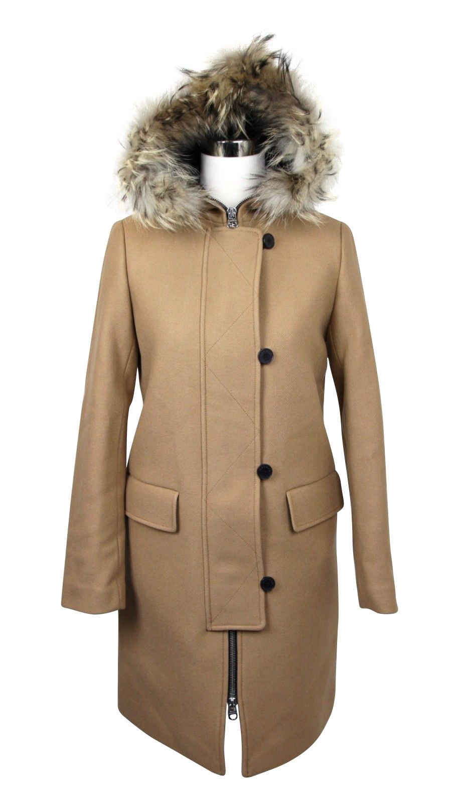 Women's Camel Kurt Wool Coat Fur Trim Hood hover
