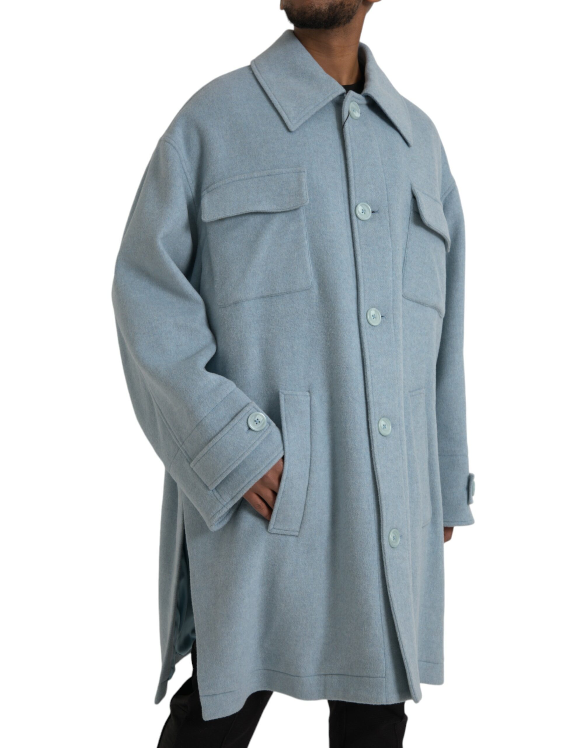 Light Blue Wool Button Trench Coat Jacket hover