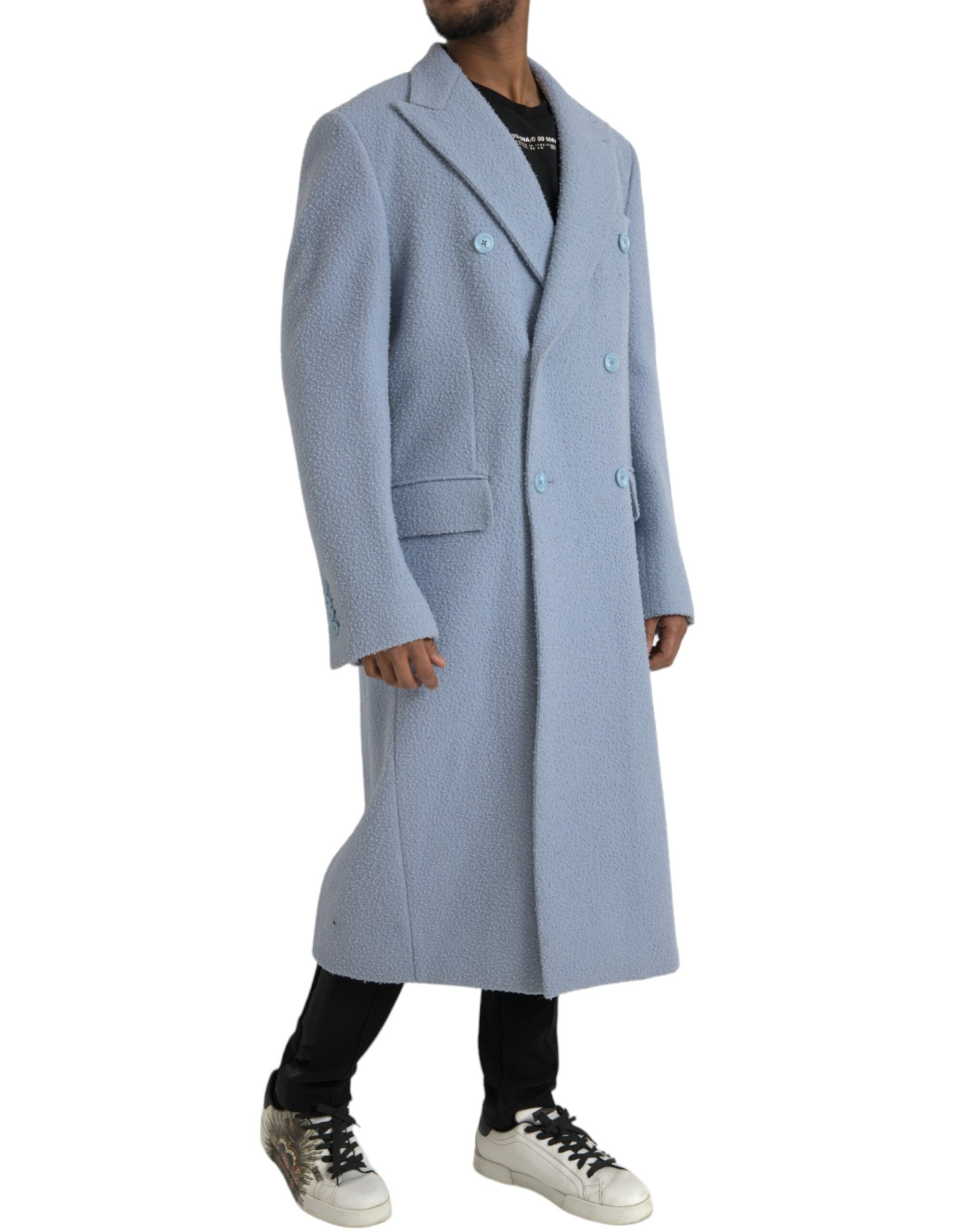 Blue Double Breasted Long Trench Coat Jacket hover