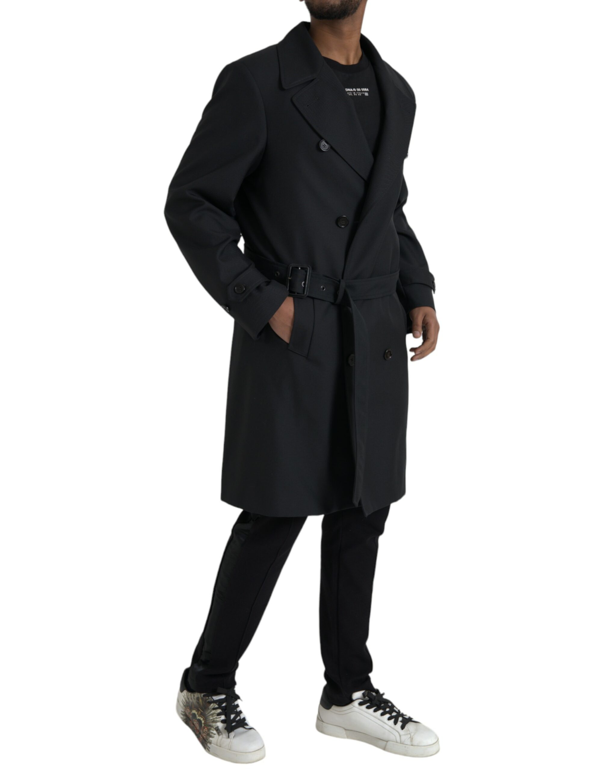 Black Double Breasted Trench Coat Jacket hover