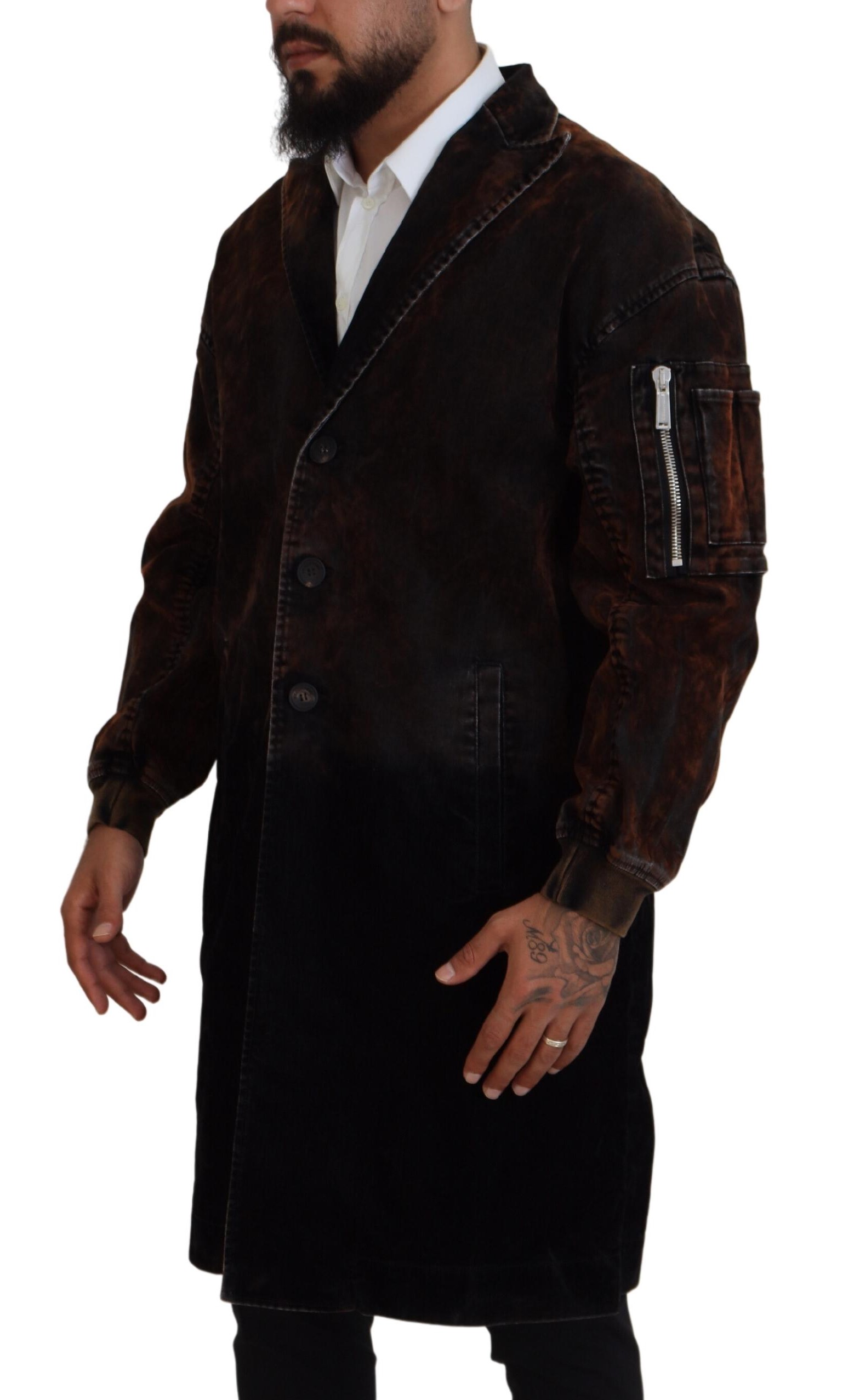 Brown Full Button Men Long Coat Cotton Jacket hover