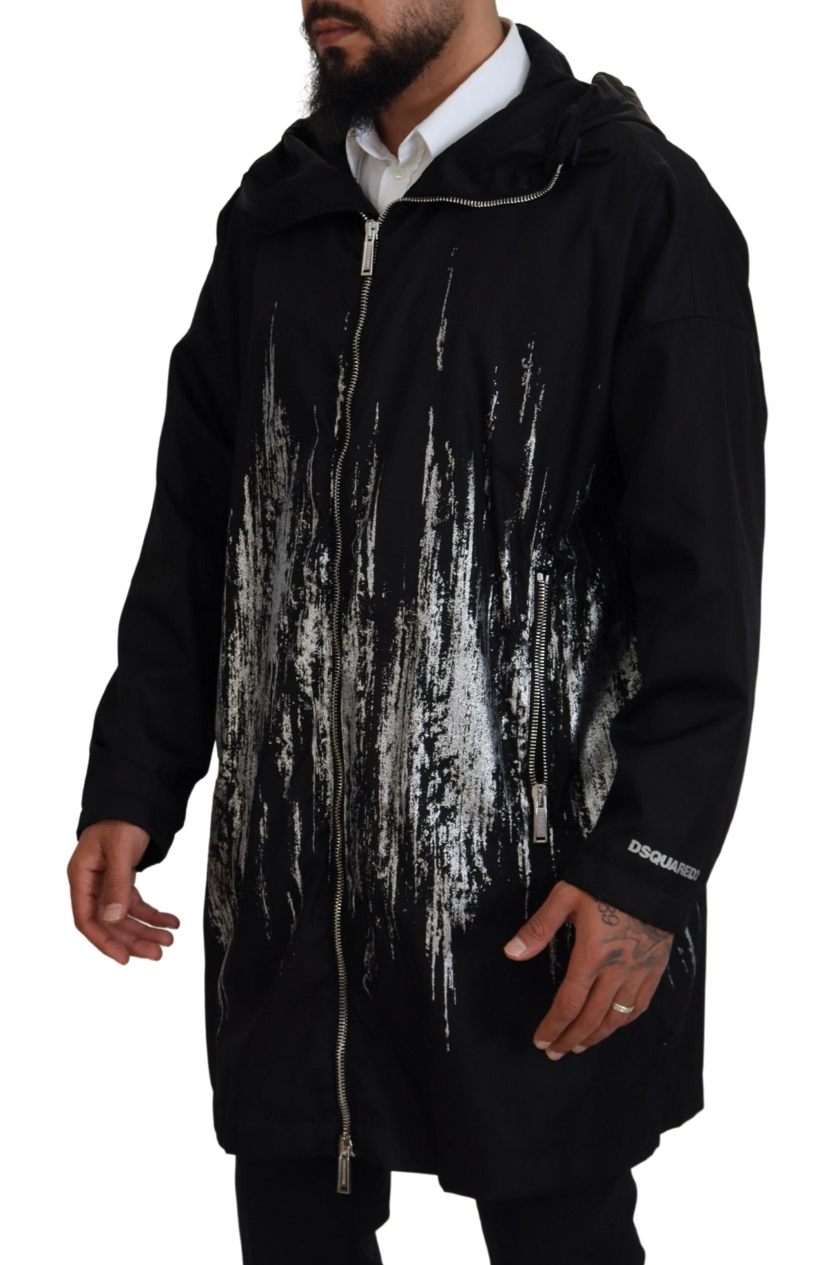 Black White Print Long Hooded Coat Nylon Jacket hover
