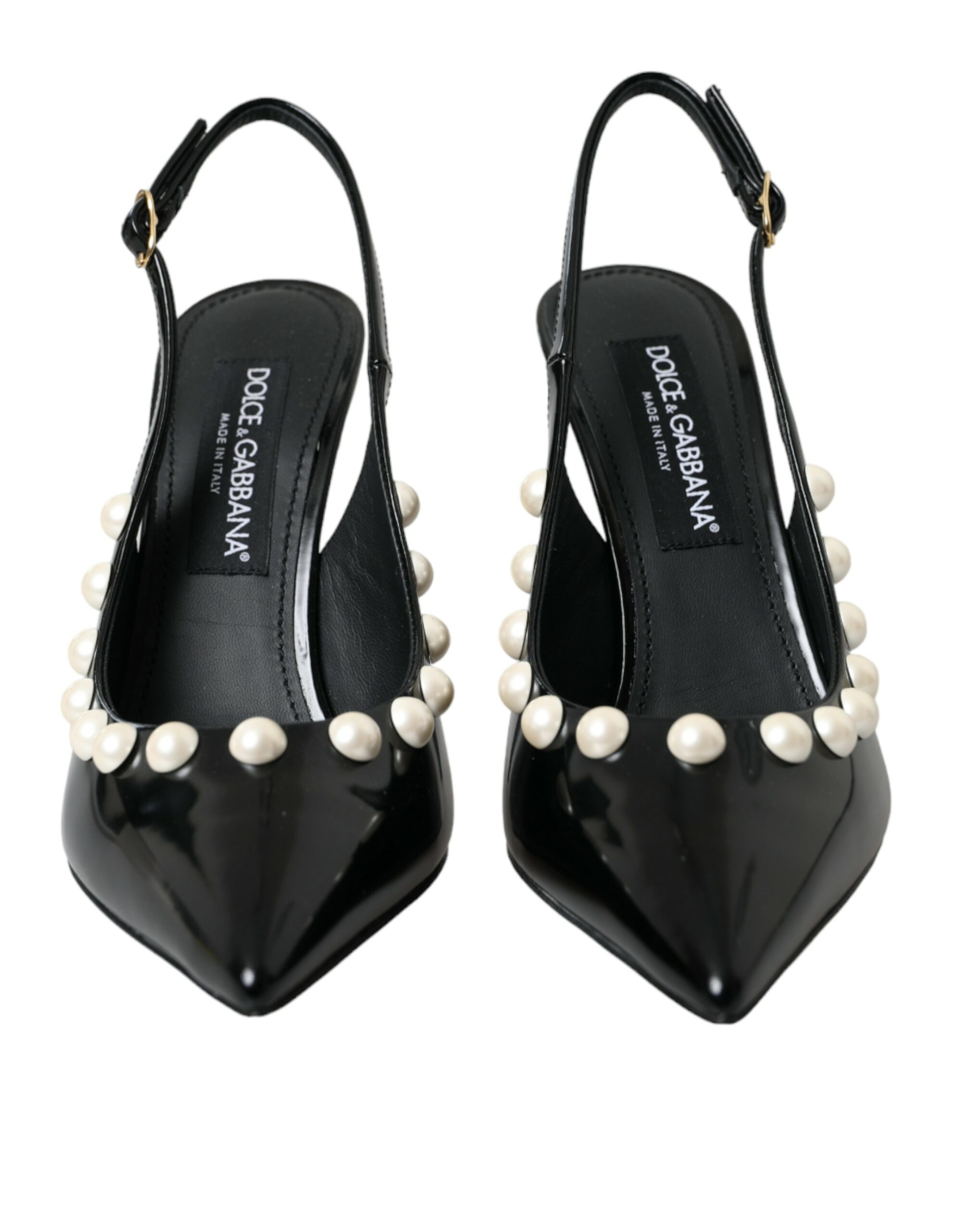 Black Leather Faux Pearl Heel Slingback Shoes hover