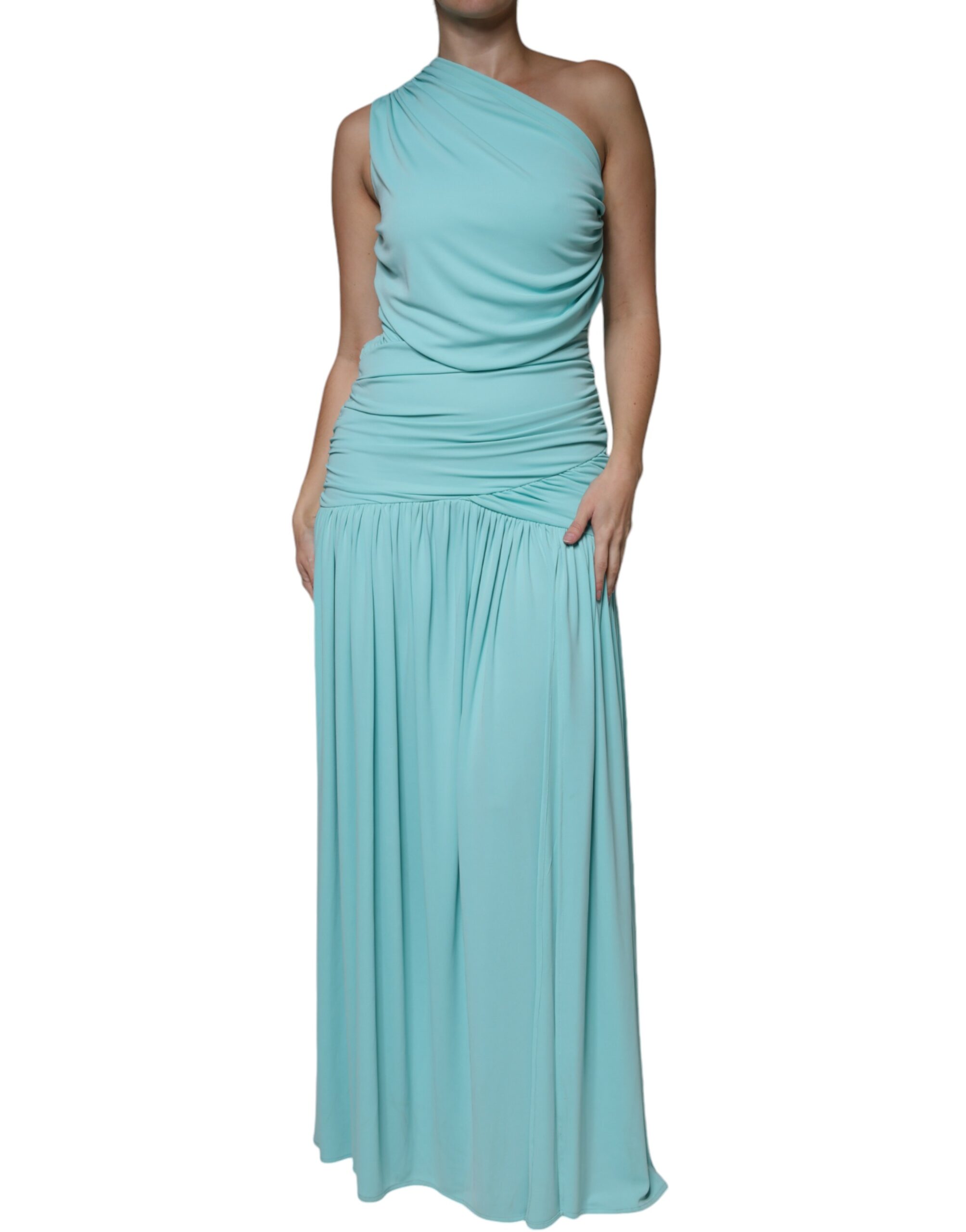 Light Blue Jersey Long Drape One Shoulder Dress hover