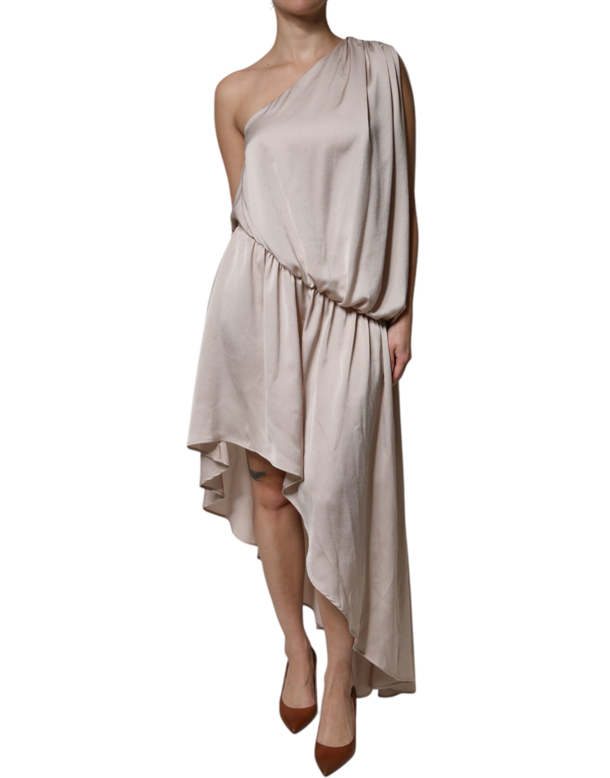 Beige One Shoulder Asymmetric Drape Dress hover