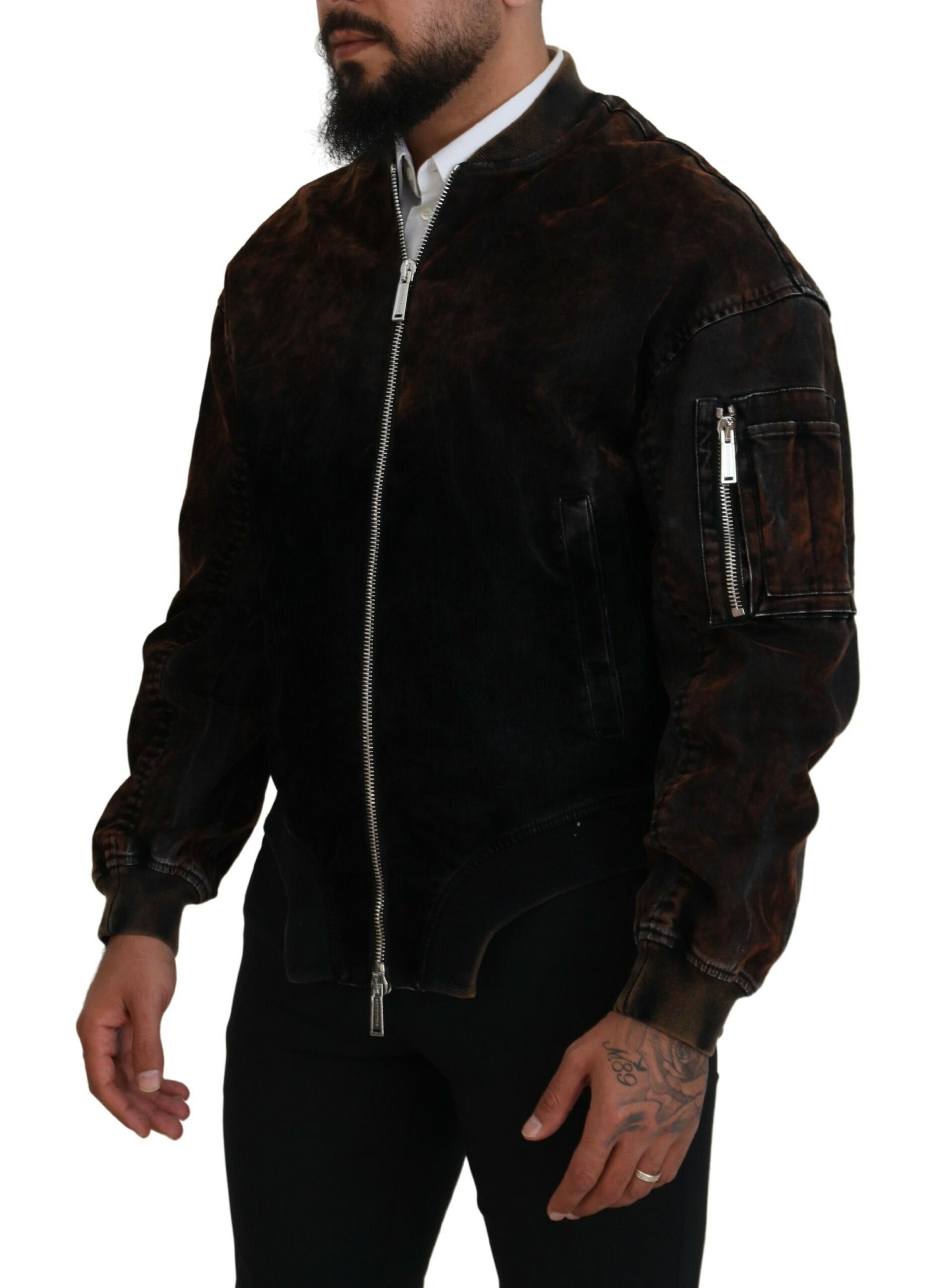 Brown Cotton Bomber Zipper Pocket Sleeves Jacket hover