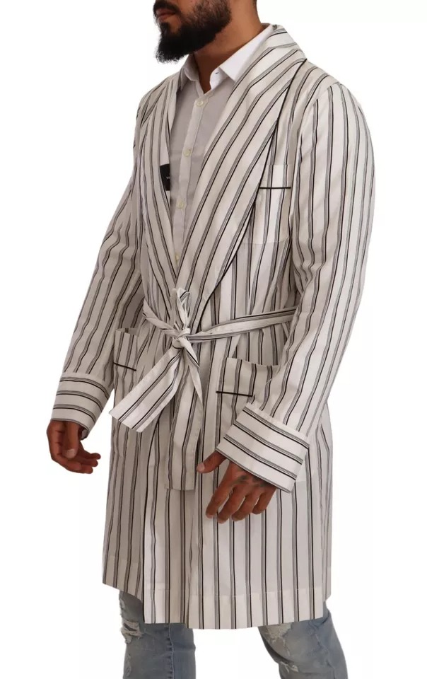 White Striped Cotton Robe Coat Wrap Jacket hover