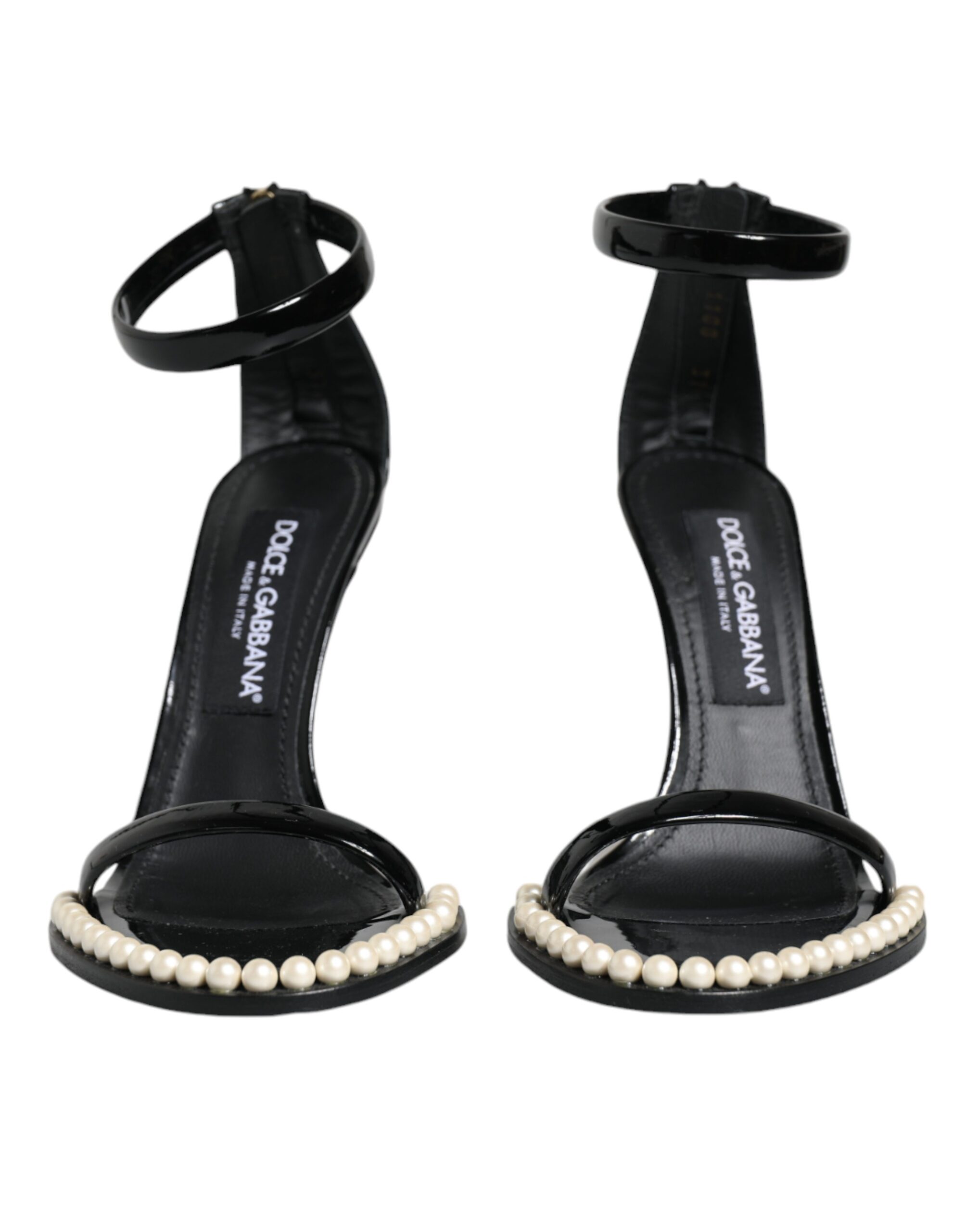 Black Keira Leather Faux Pearl Sandals Heels Shoes hover