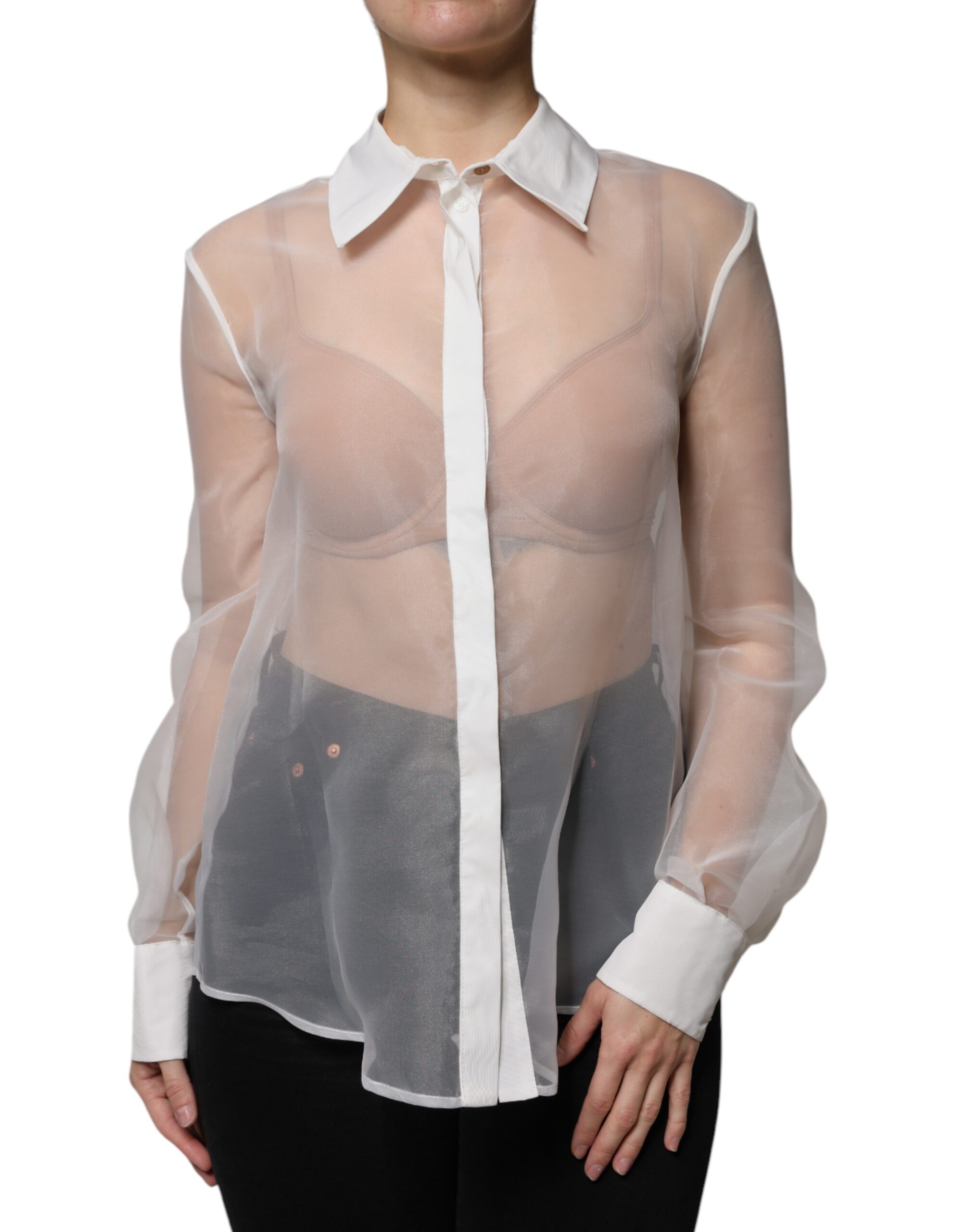White Sheer Collared Buttoned Long Sleeves Top hover