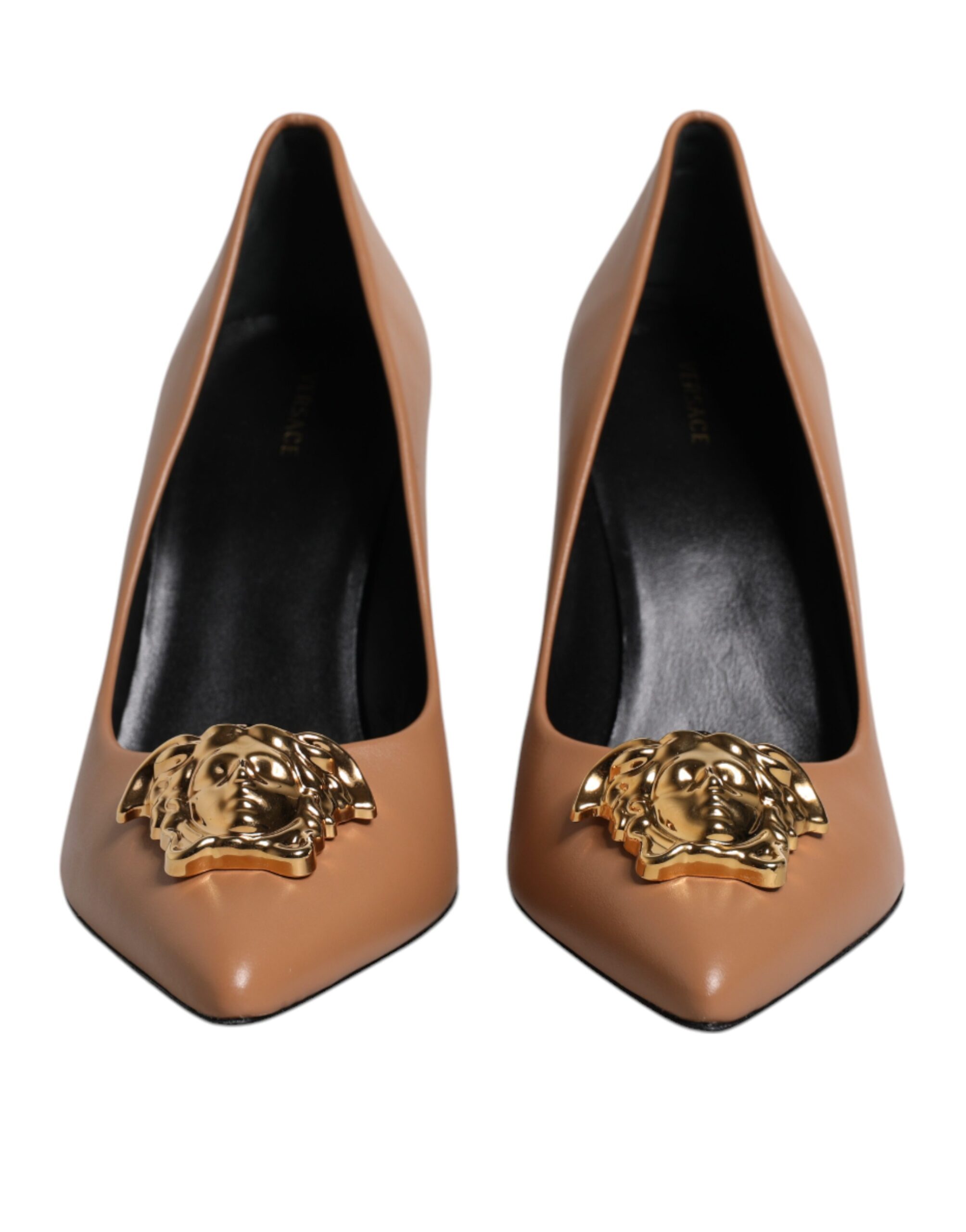 Brown Leather Logo Plaque High Heels Pumps Shoes hover