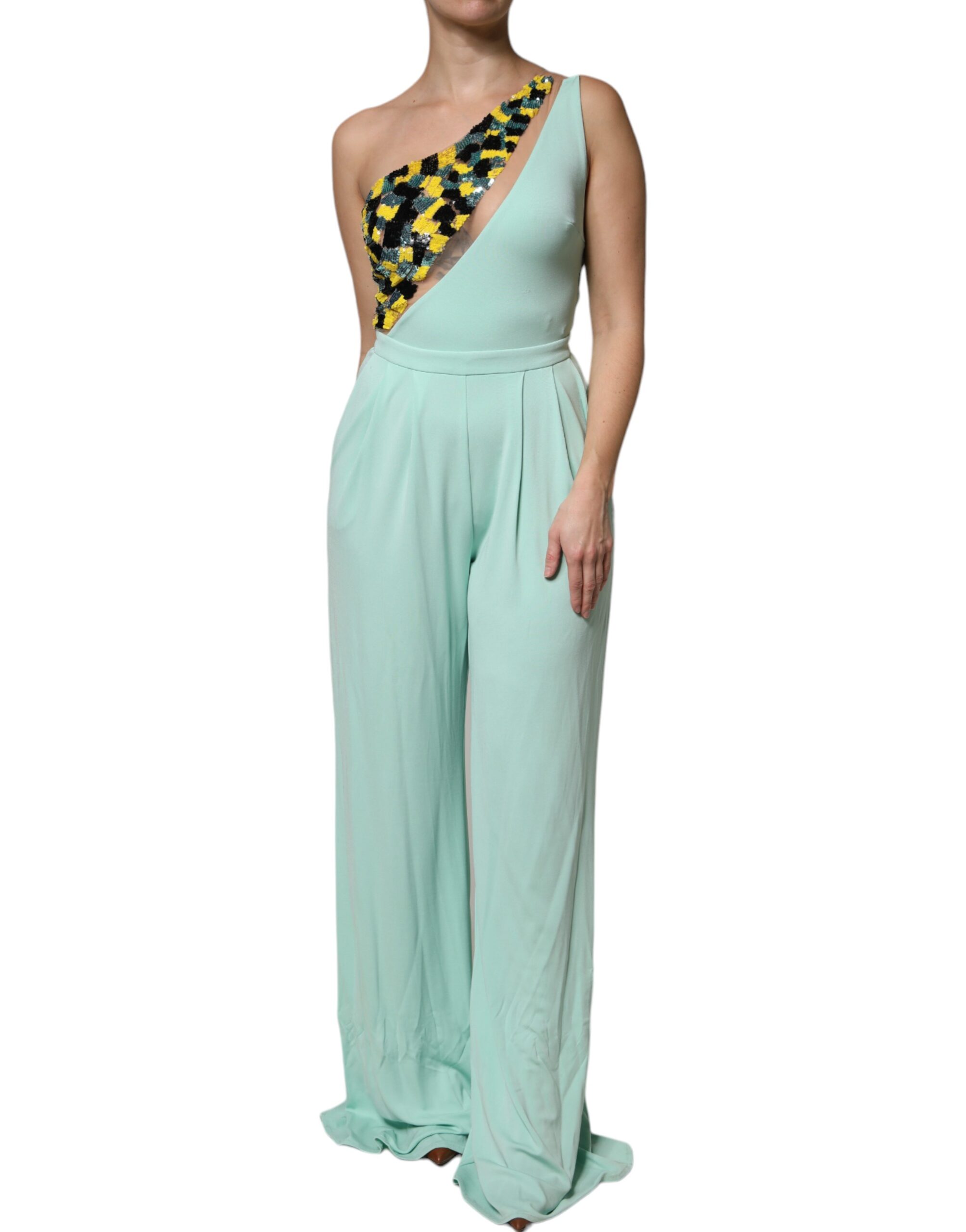 Mint Green One Shoulder Long Jumpsuit Dress hover