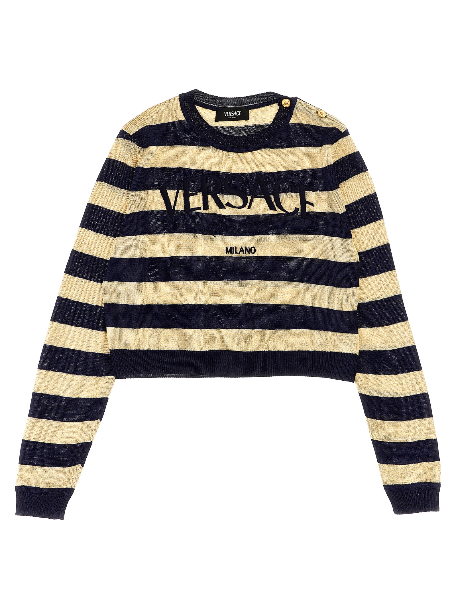 Lurex striped sweater with logo embroidery