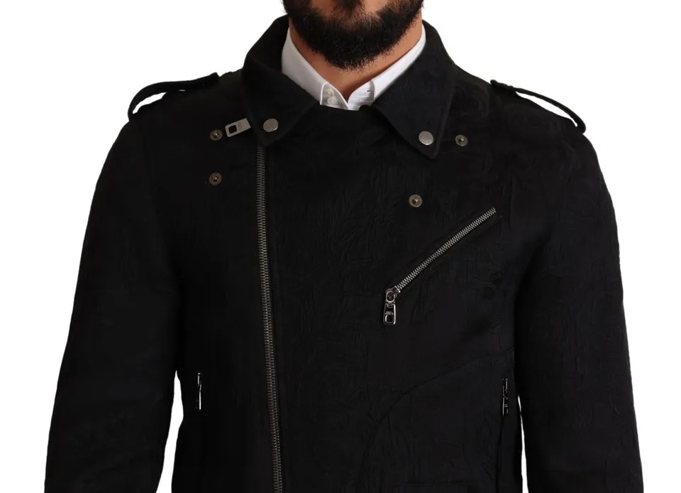 Black Brocade Full Zip Biker Coat Jacket hover