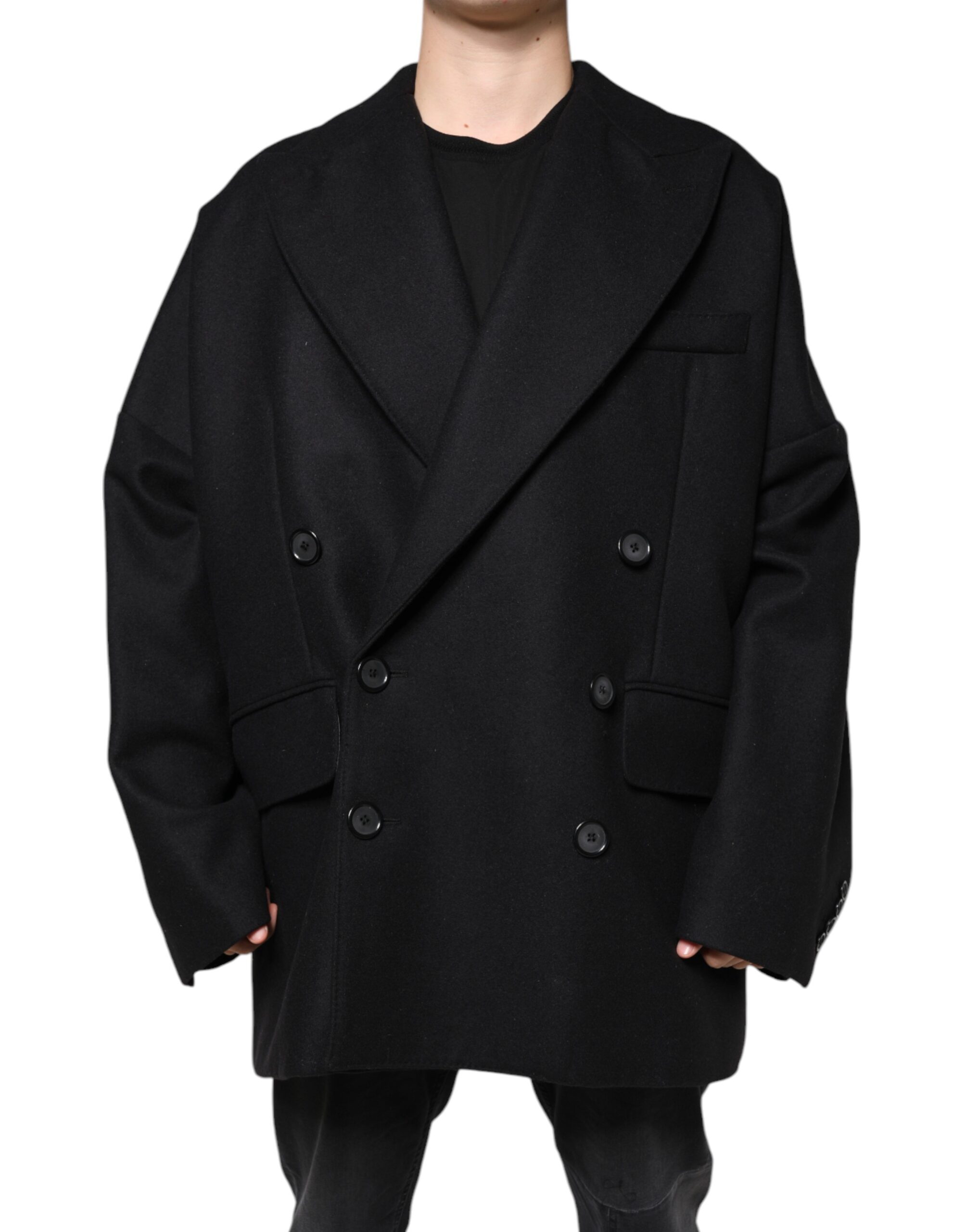 Black Wool Double Breasted Men Coat Jacket hover