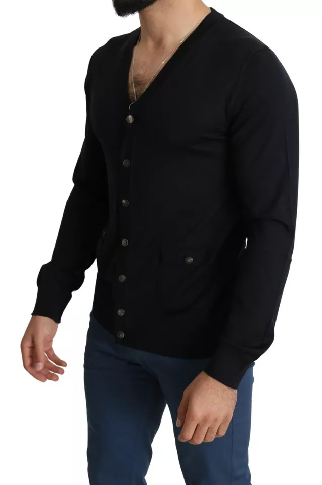 Black Wool Button Down Men Cardigan Sweater hover