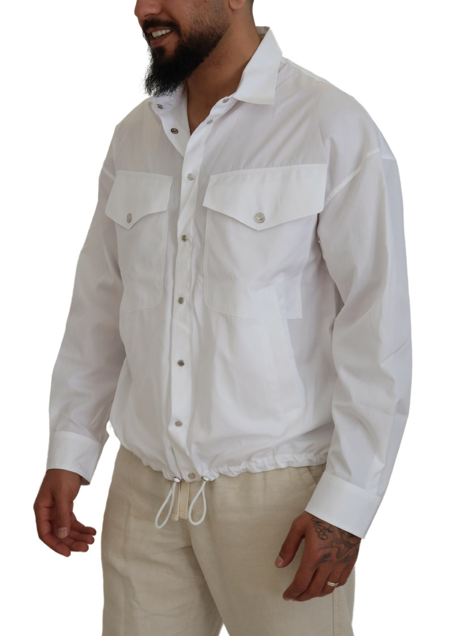 White Cotton Collared Casual Men Long Sleeves Jacket hover